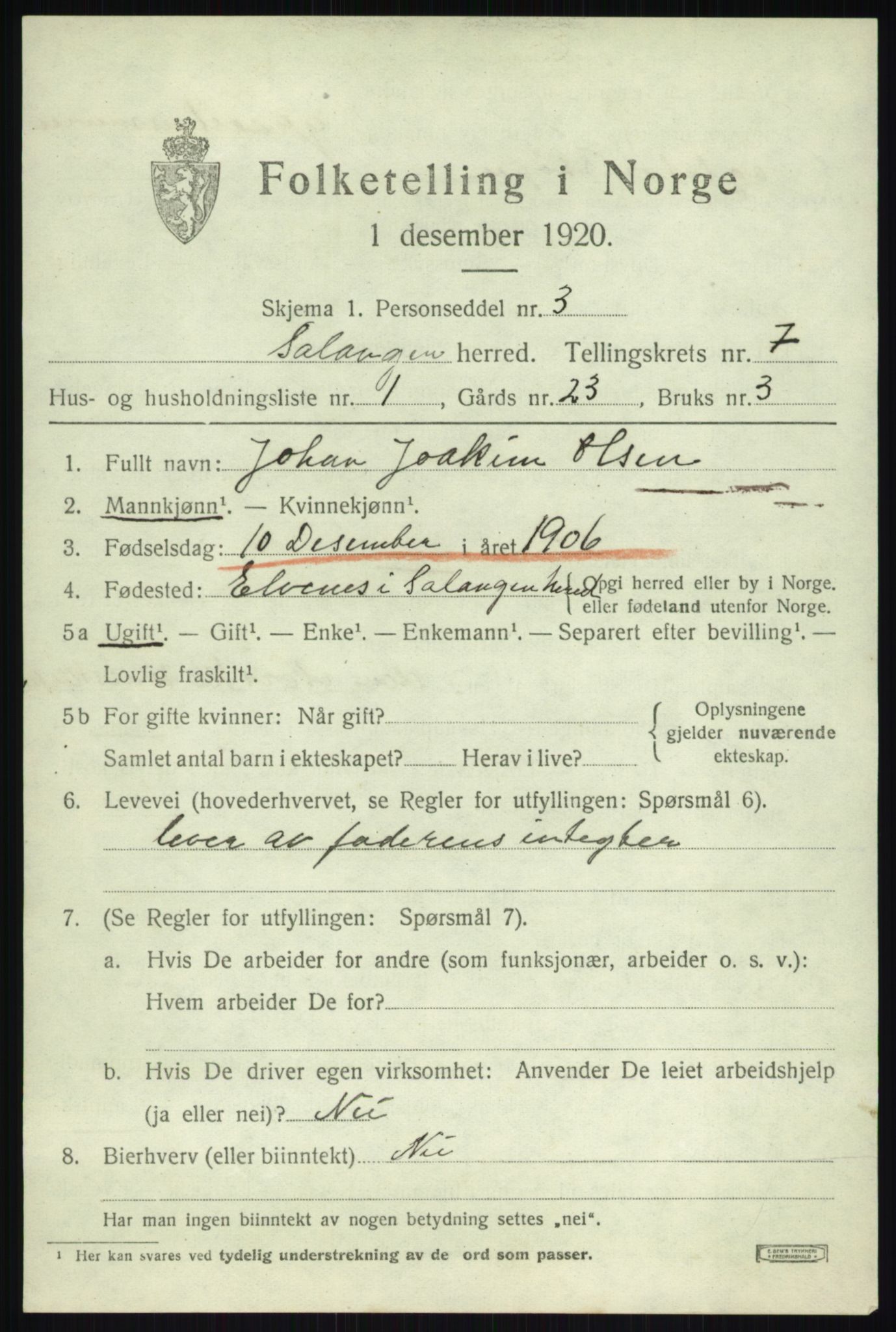 SATØ, 1920 census for Salangen, 1920, p. 4600