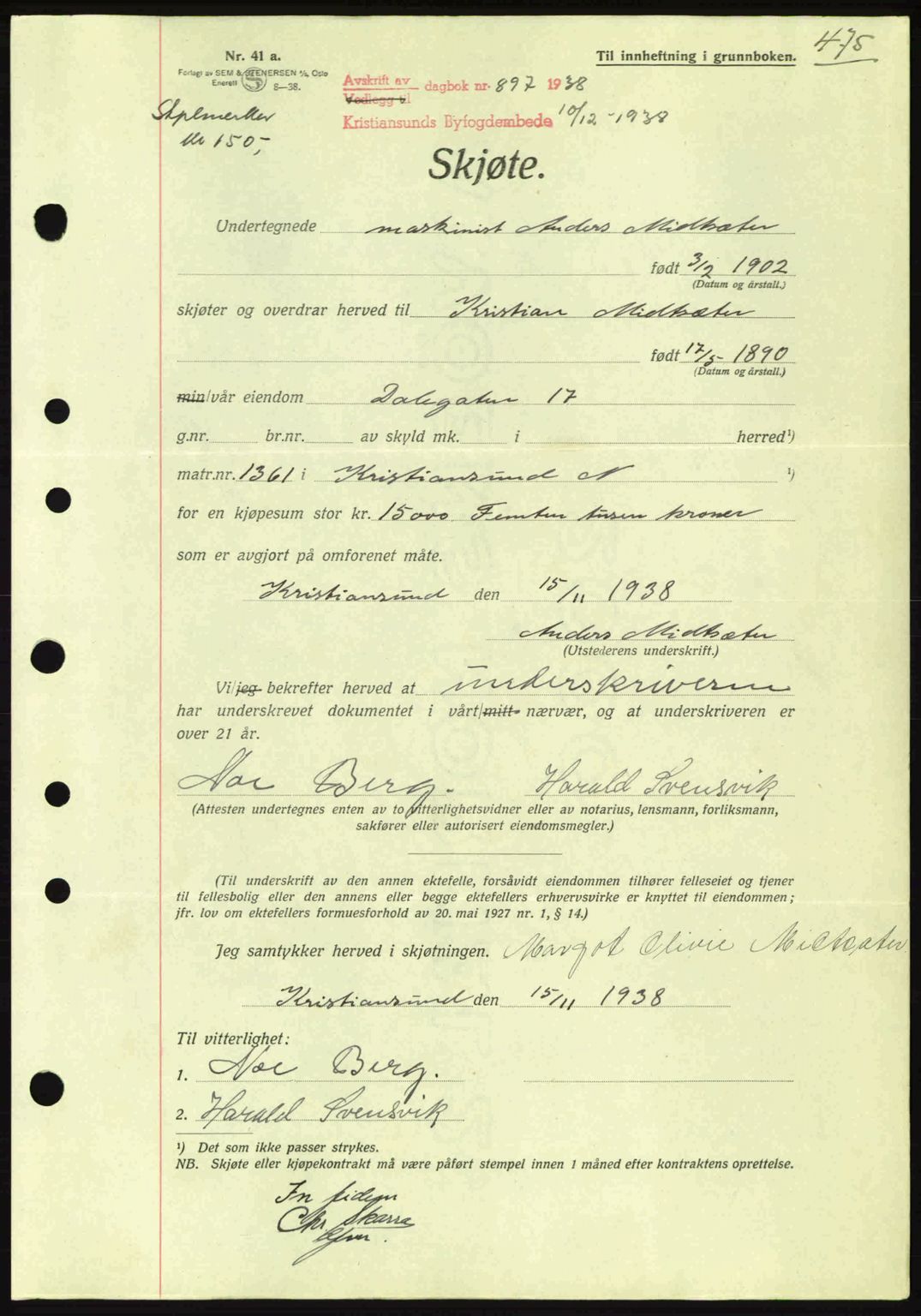 Kristiansund byfogd, AV/SAT-A-4587/A/27: Mortgage book no. 30, 1936-1941, Diary no: : 897/1938