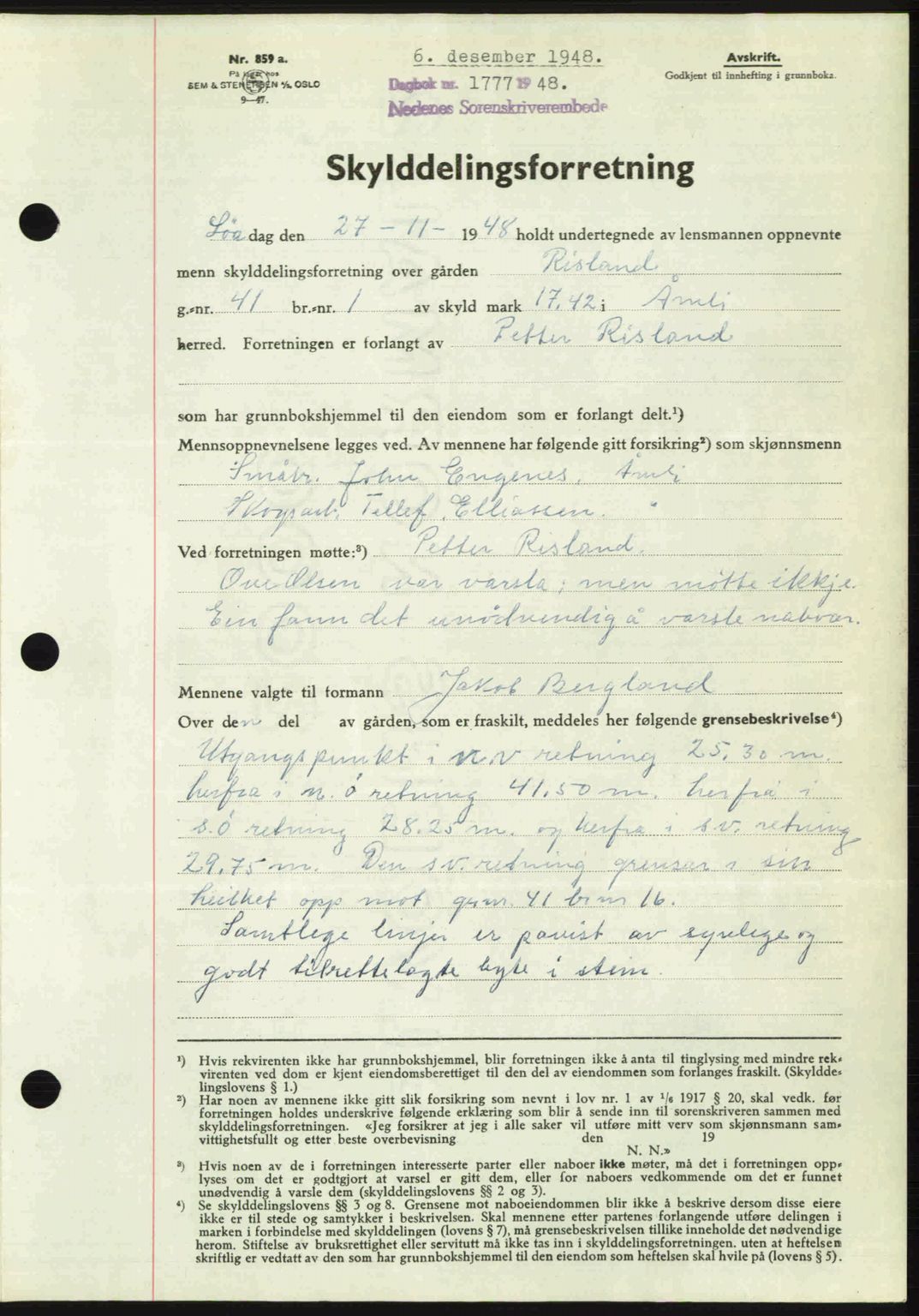 Nedenes sorenskriveri, SAK/1221-0006/G/Gb/Gba/L0060: Mortgage book no. A12, 1948-1949, Diary no: : 1777/1948