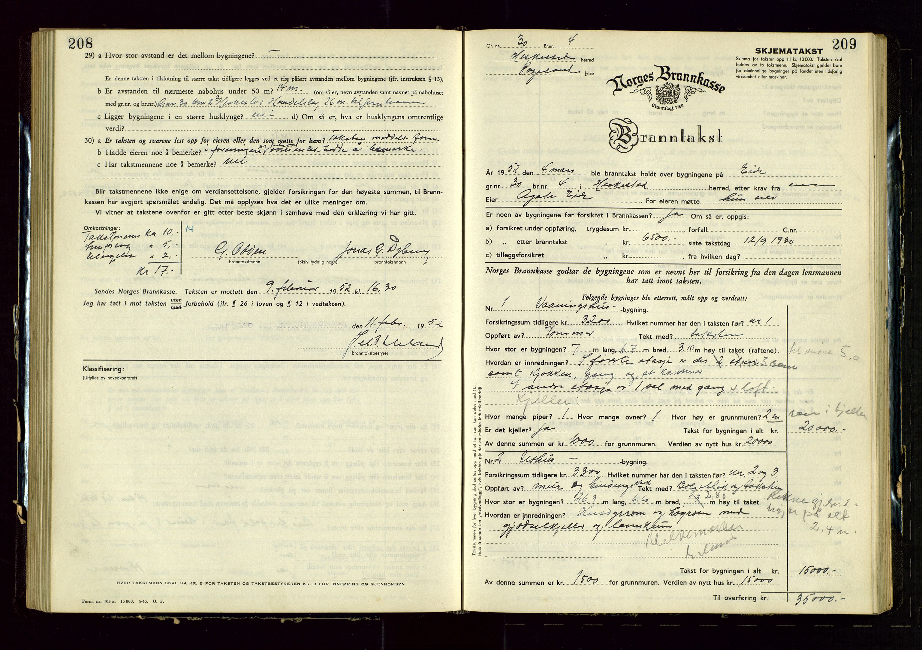 Heskestad lensmannskontor, SAST/A-100304/Gob/L0005: "Brandtakstprotokoll", 1946-1955, p. 208-209