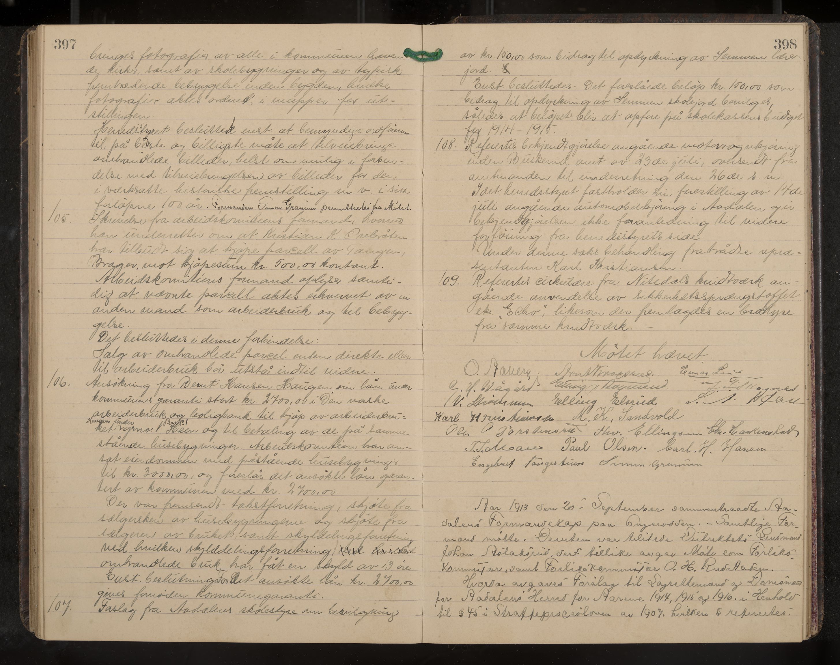 Ådal formannskap og sentraladministrasjon, IKAK/0614021/A/Aa/L0003: Møtebok, 1907-1914, p. 397-398