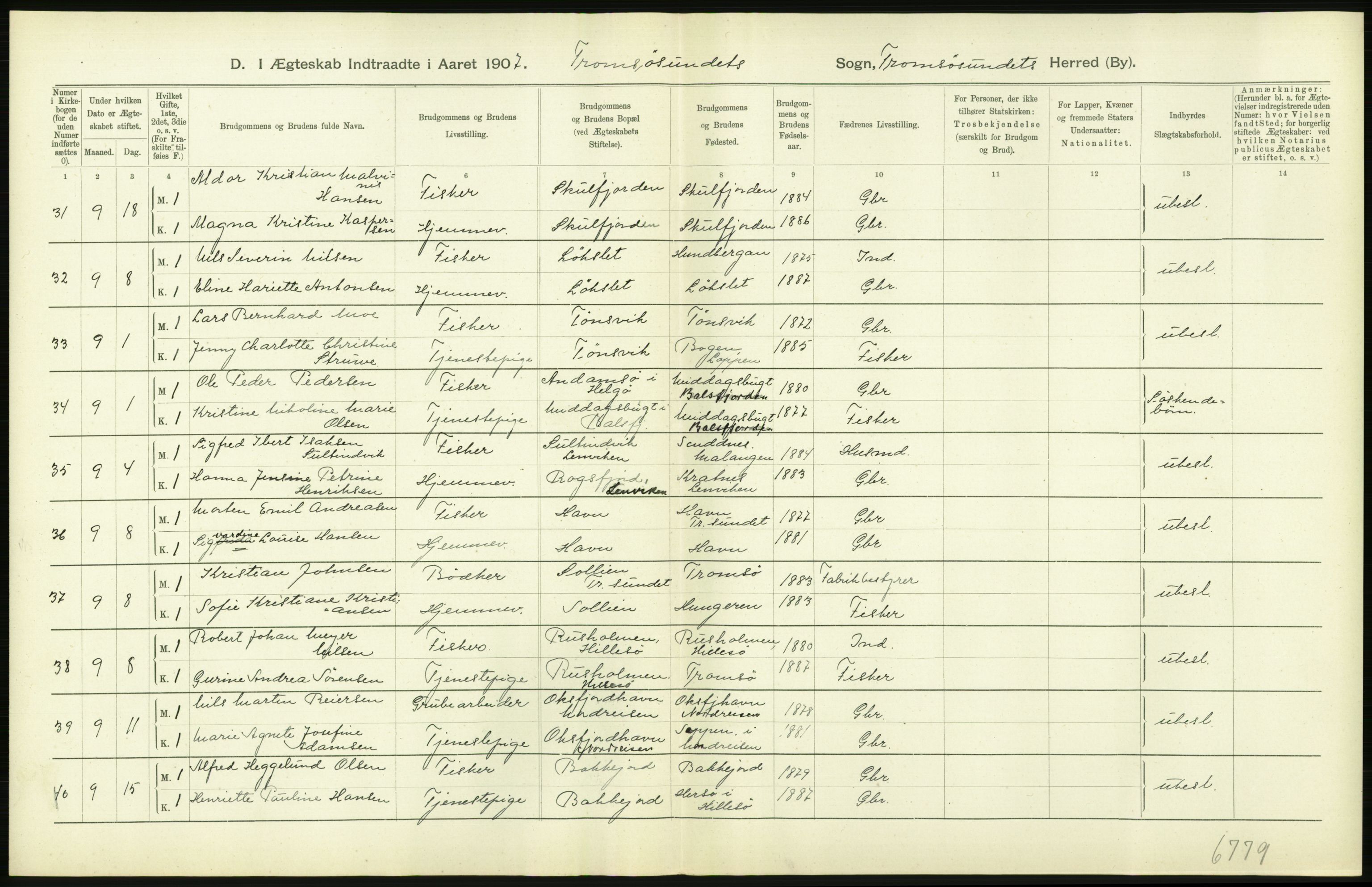 Statistisk sentralbyrå, Sosiodemografiske emner, Befolkning, AV/RA-S-2228/D/Df/Dfa/Dfae/L0047: Tromsø amt: Gifte, døde, dødfødte. Bygder og byer., 1907, p. 8