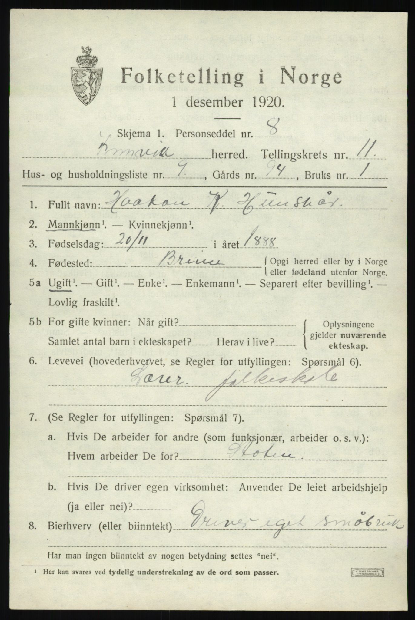 SAB, 1920 census for Innvik, 1920, p. 4627