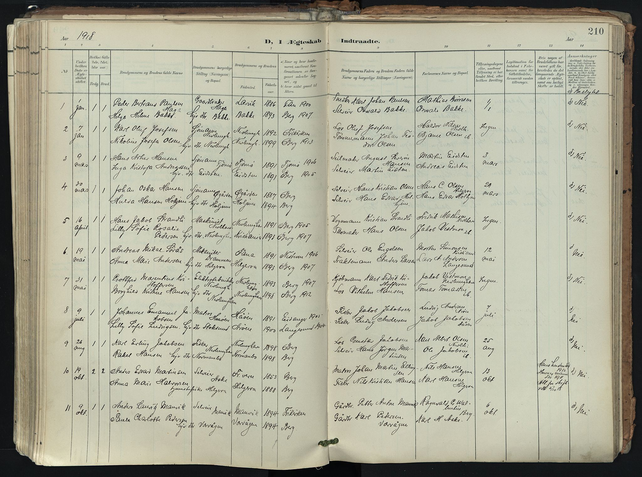 Brunlanes kirkebøker, SAKO/A-342/F/Fb/L0003: Parish register (official) no. II 3, 1900-1922, p. 210