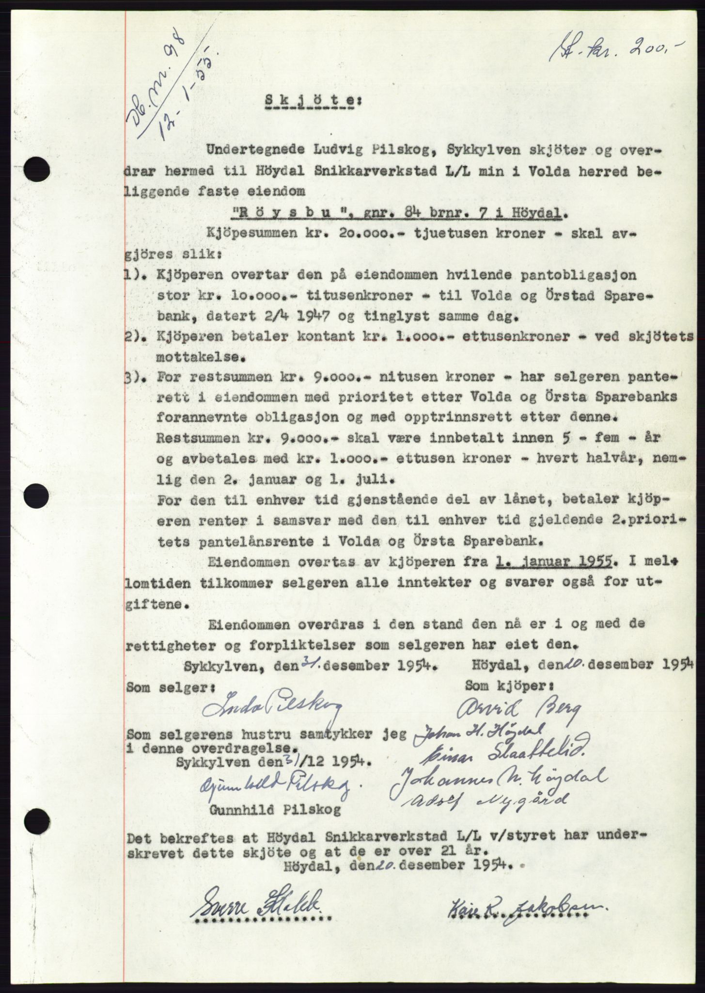 Søre Sunnmøre sorenskriveri, AV/SAT-A-4122/1/2/2C/L0100: Mortgage book no. 26A, 1954-1955, Diary no: : 98/1955
