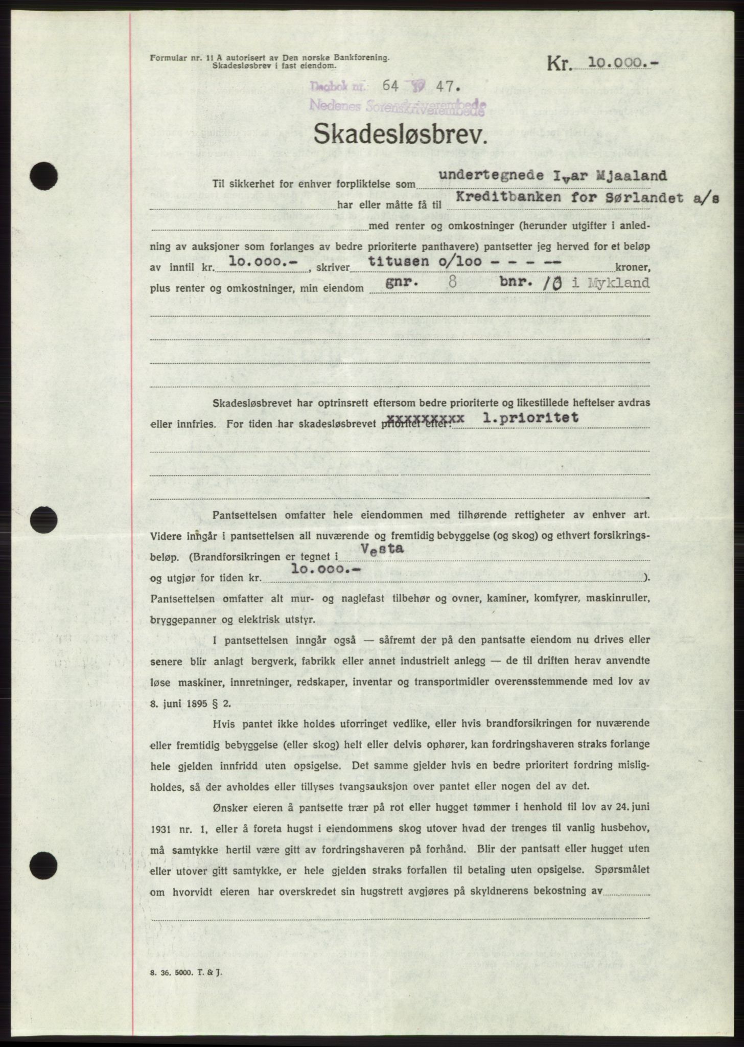 Nedenes sorenskriveri, AV/SAK-1221-0006/G/Gb/Gbb/L0004: Mortgage book no. B4, 1947-1947, Diary no: : 64/1947