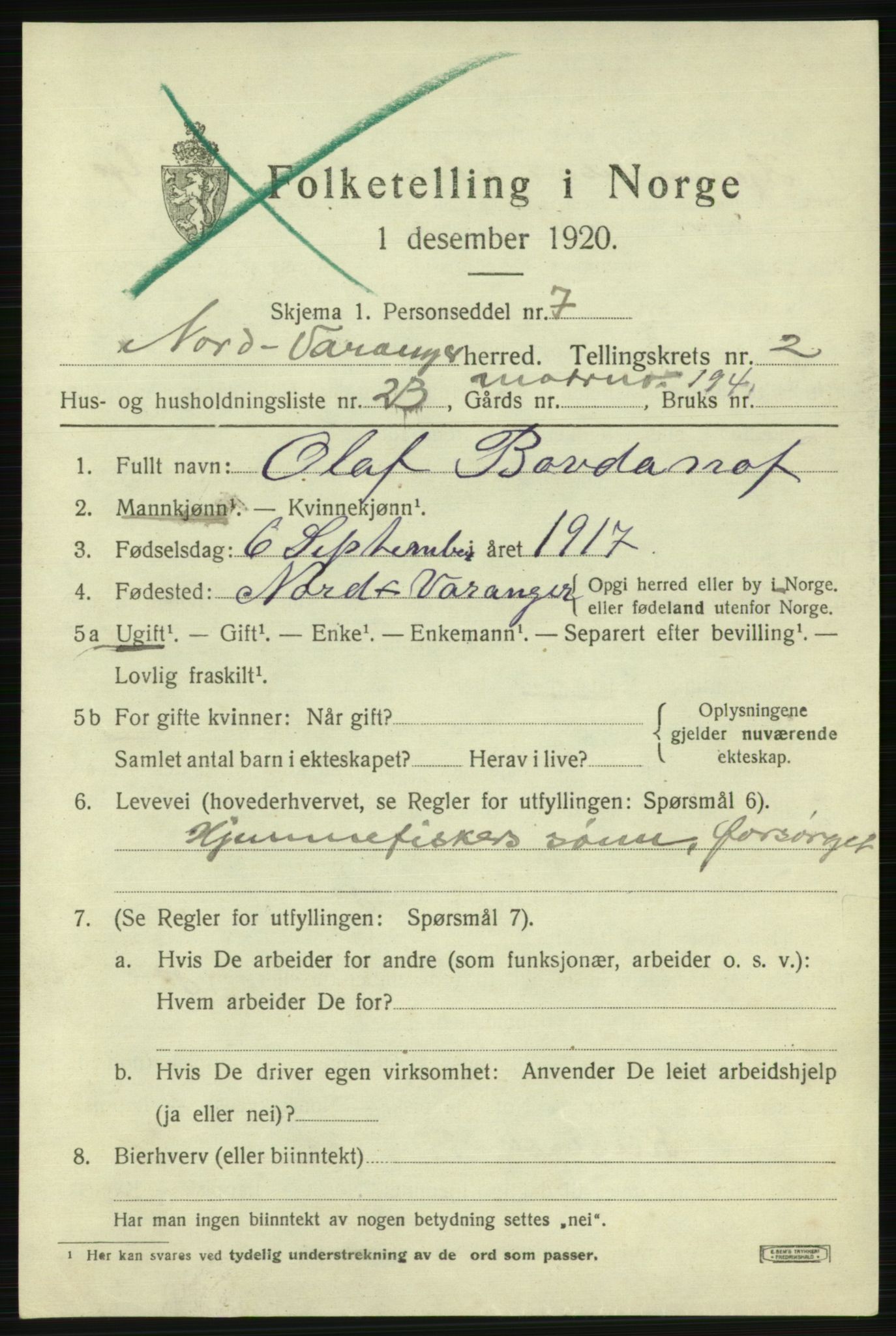 SATØ, 1920 census for Nord-Varanger, 1920, p. 1220