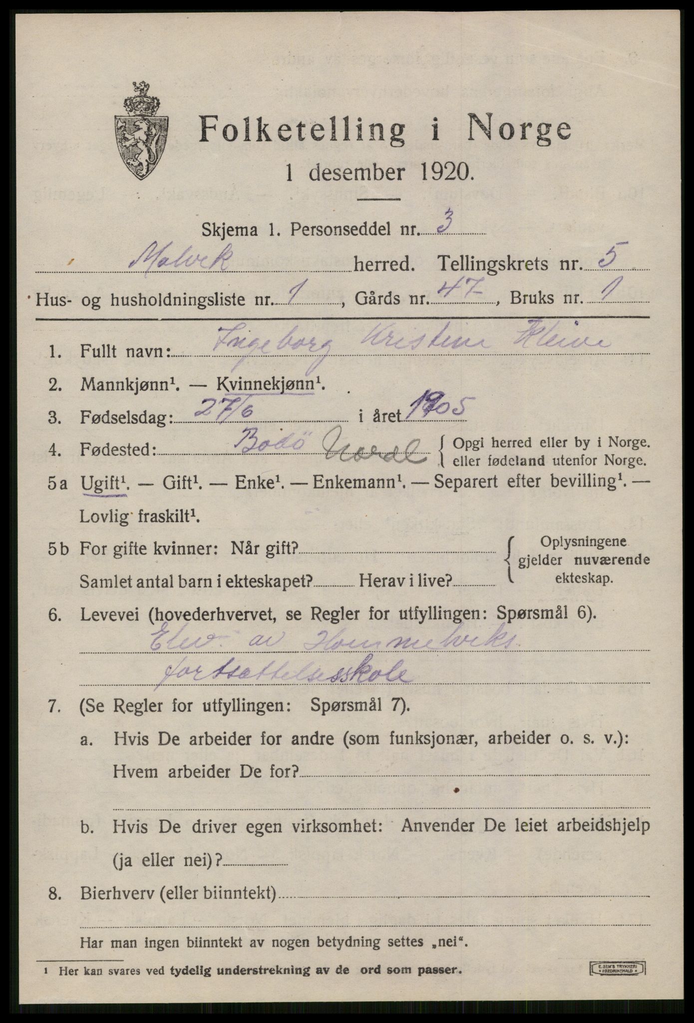 SAT, 1920 census for Malvik, 1920, p. 3184