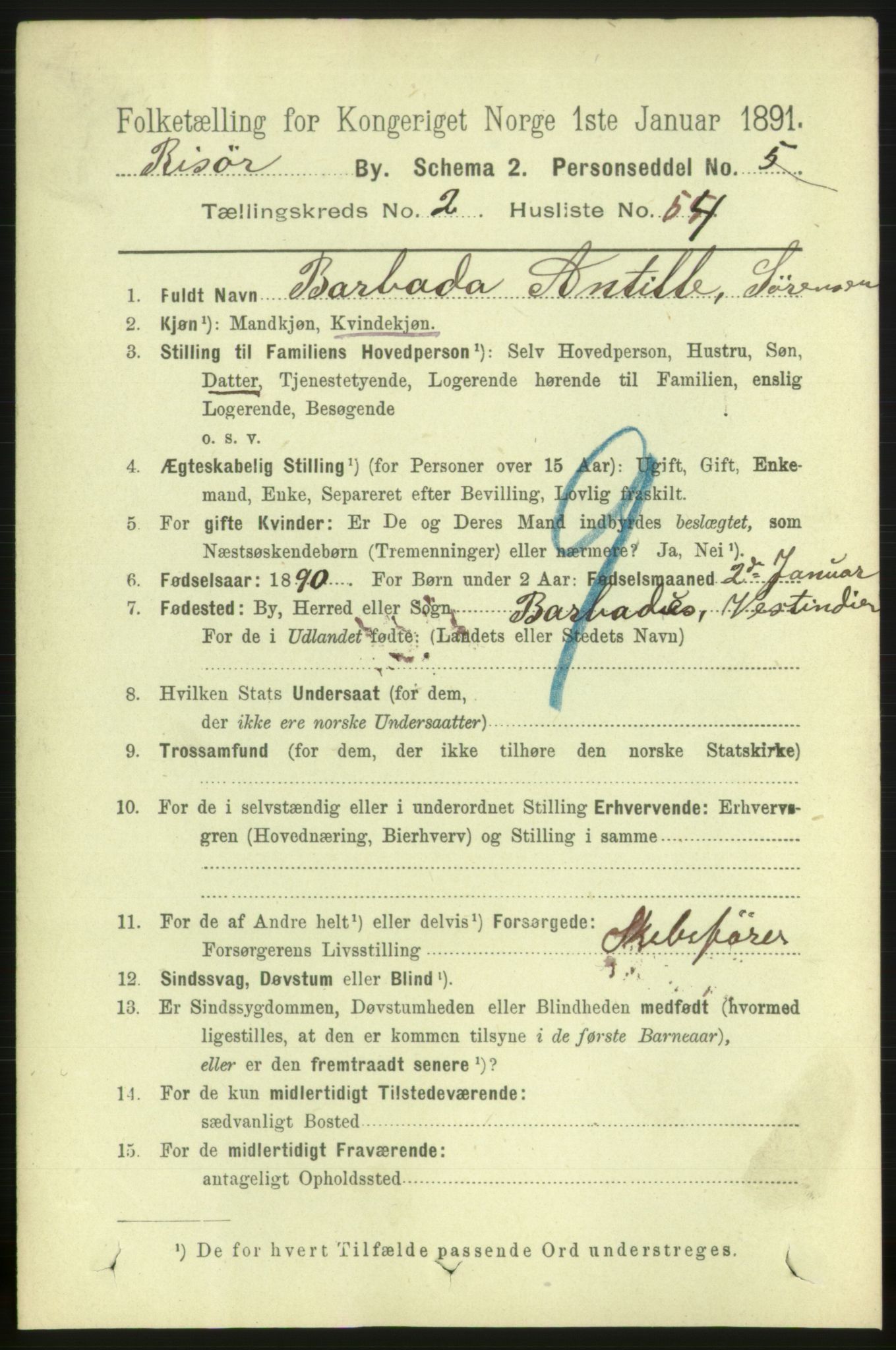 RA, 1891 census for 0901 Risør, 1891, p. 2424
