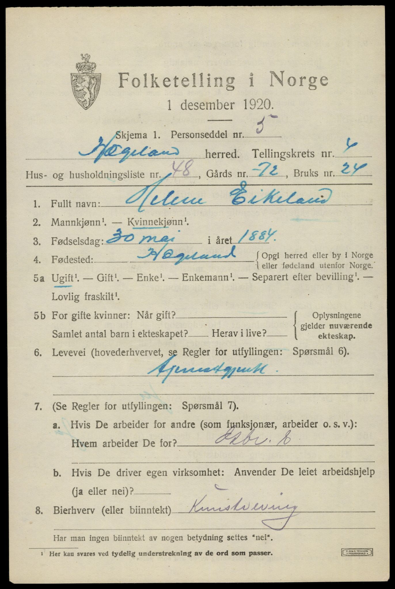 SAK, 1920 census for Hægeland, 1920, p. 1965