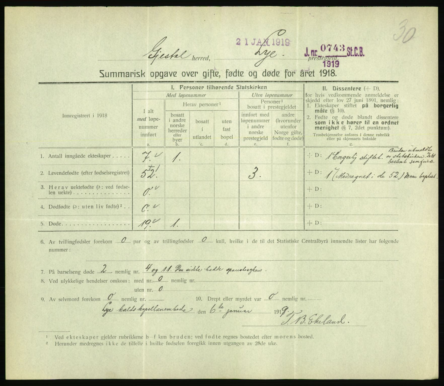 Statistisk sentralbyrå, Sosiodemografiske emner, Befolkning, RA/S-2228/D/Df/Dfb/Dfbh/L0059: Summariske oppgaver over gifte, fødte og døde for hele landet., 1918, p. 813