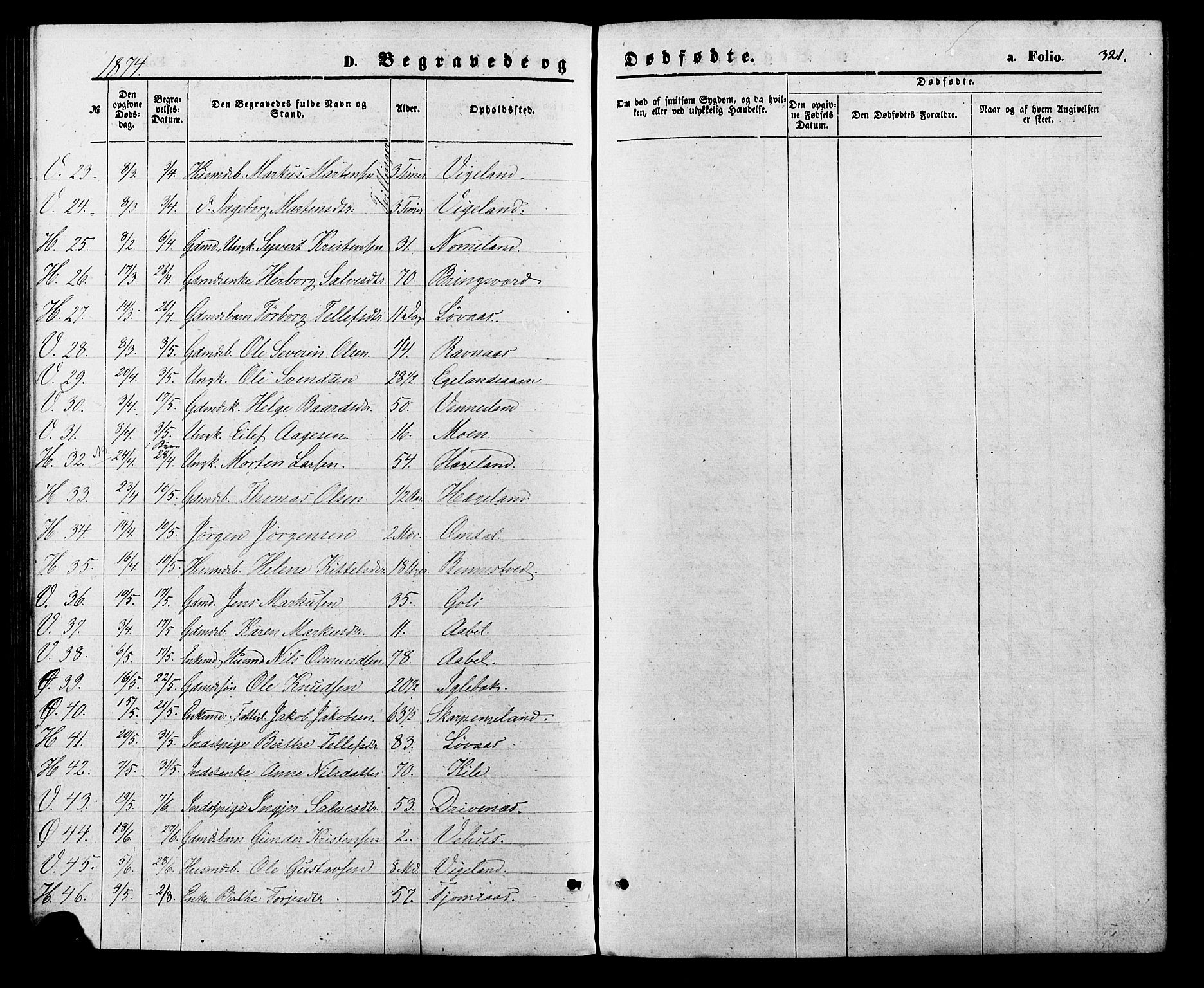 Vennesla sokneprestkontor, SAK/1111-0045/Fa/Fac/L0008: Parish register (official) no. A 8, 1874-1883, p. 321