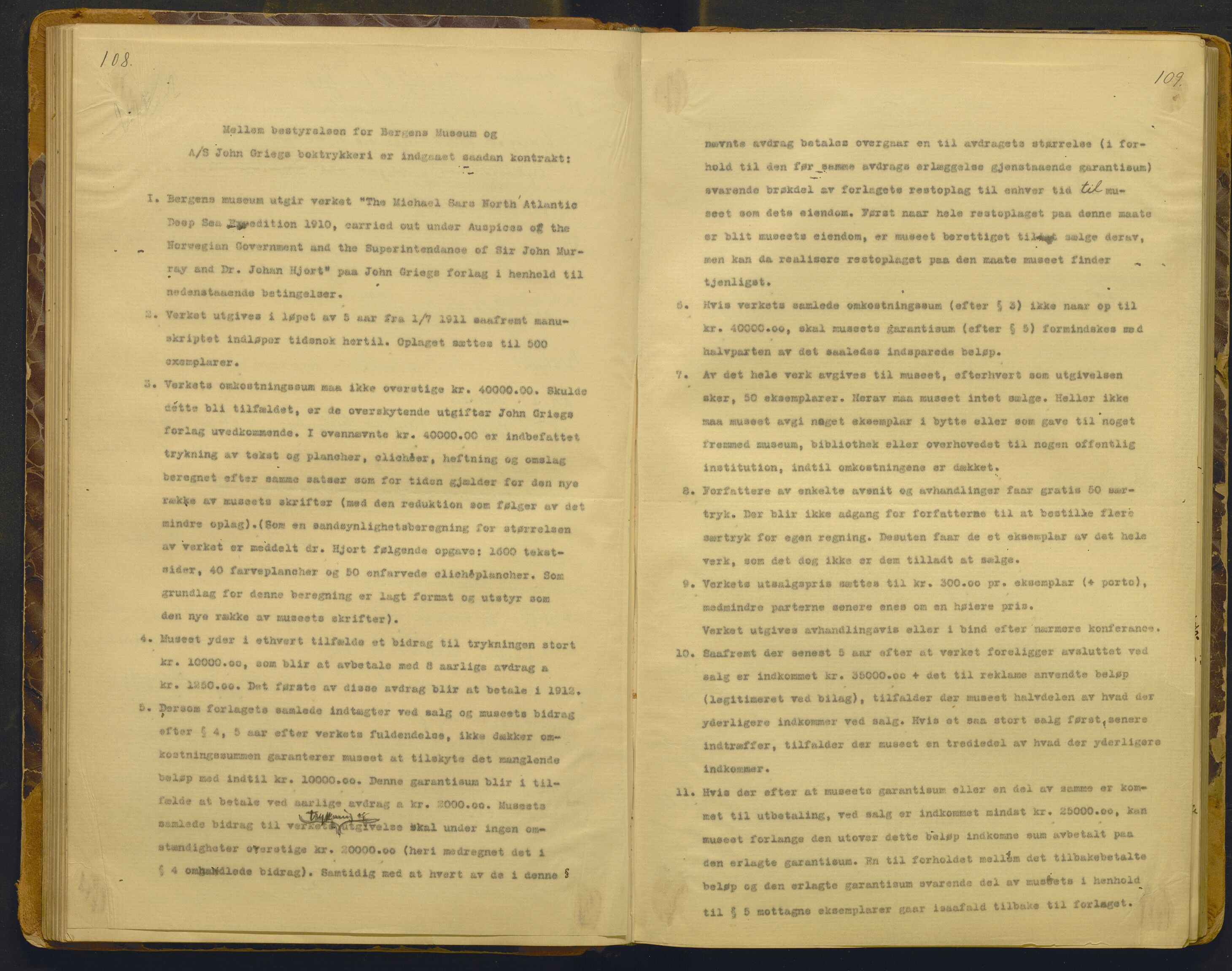 Bergens Museum, AV/SAB-A-17301/02/A/L0008: Forhandlingsprotokoll med register , 1906-1927, p. 108-109