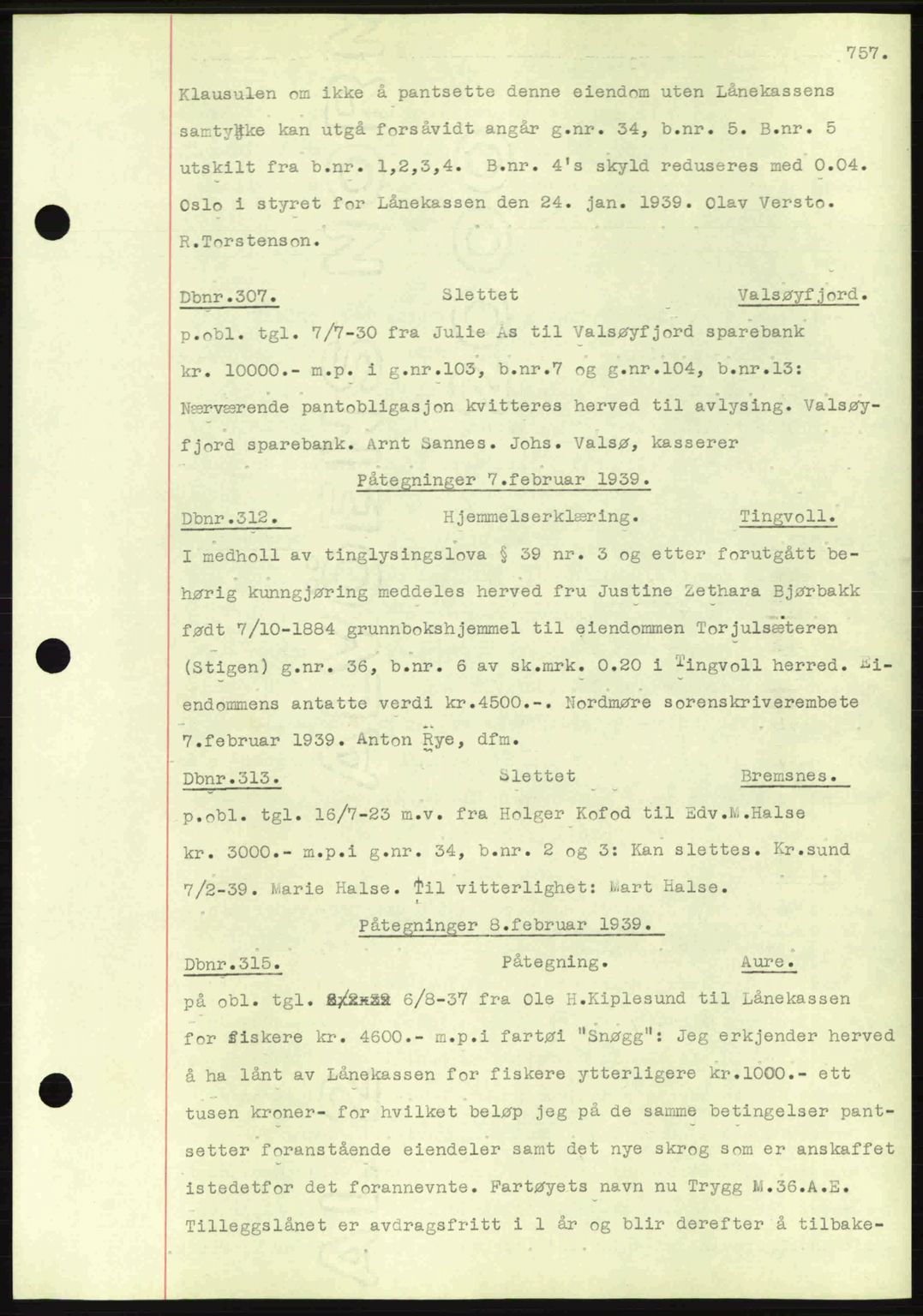 Nordmøre sorenskriveri, AV/SAT-A-4132/1/2/2Ca: Mortgage book no. C80, 1936-1939, Diary no: : 307/1939