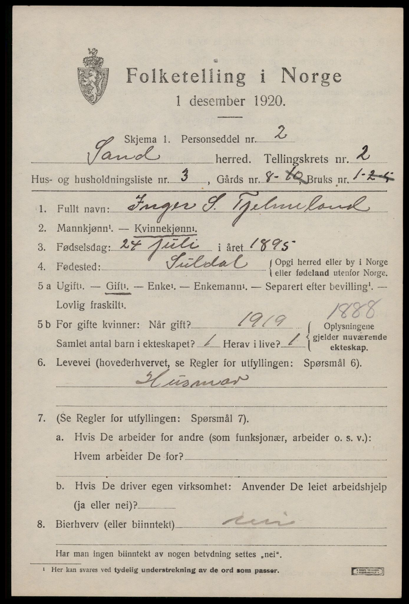 SAST, 1920 census for Sand, 1920, p. 805