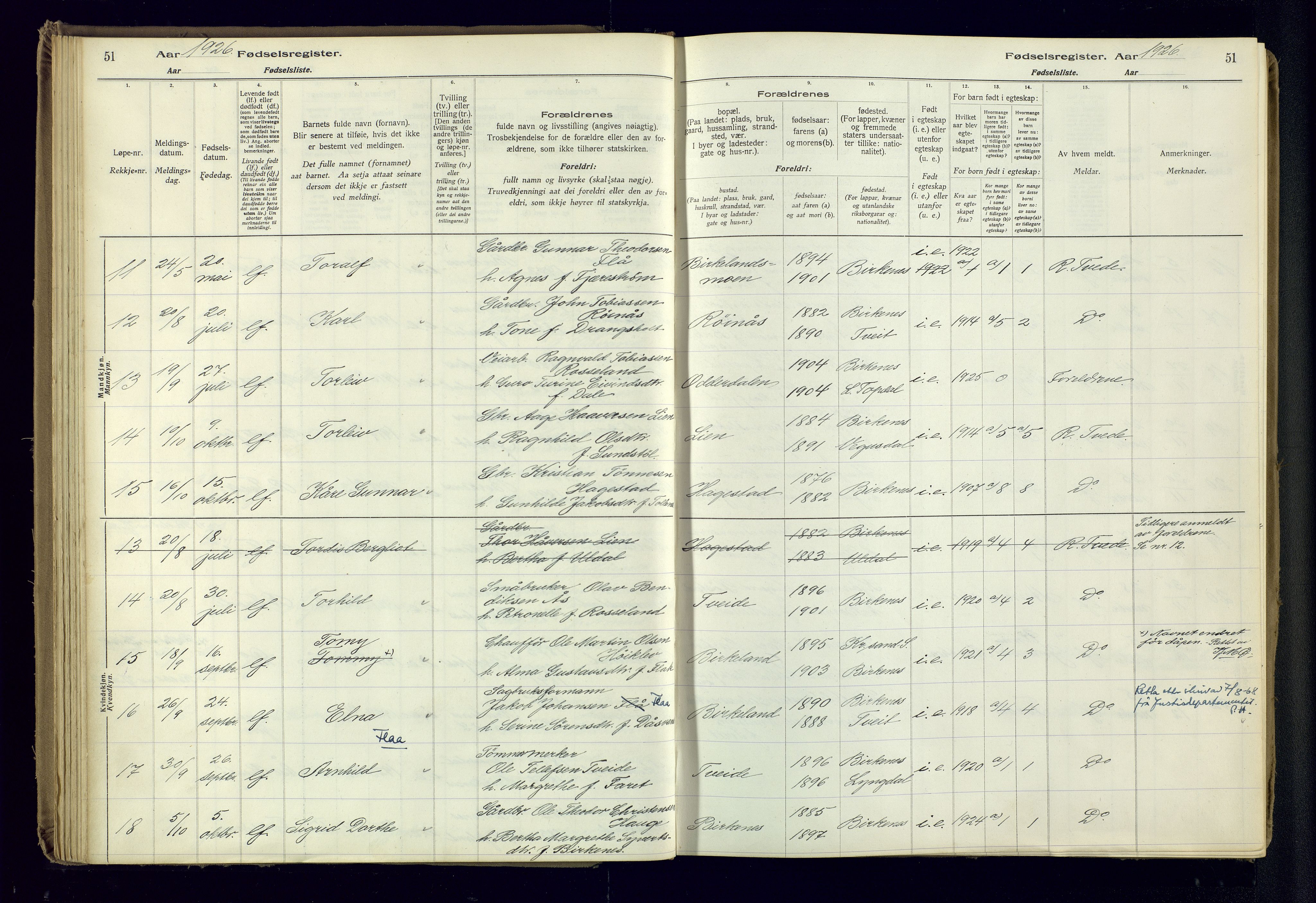 Birkenes sokneprestkontor, AV/SAK-1111-0004/J/Ja/L0001: Birth register no. II.6.4, 1916-1962, p. 51