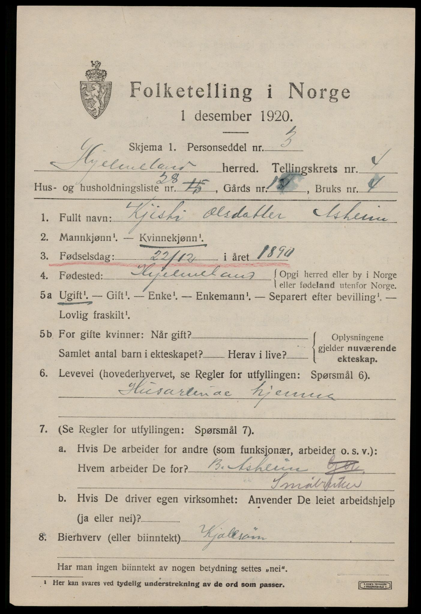 SAST, 1920 census for Hjelmeland, 1920, p. 1801