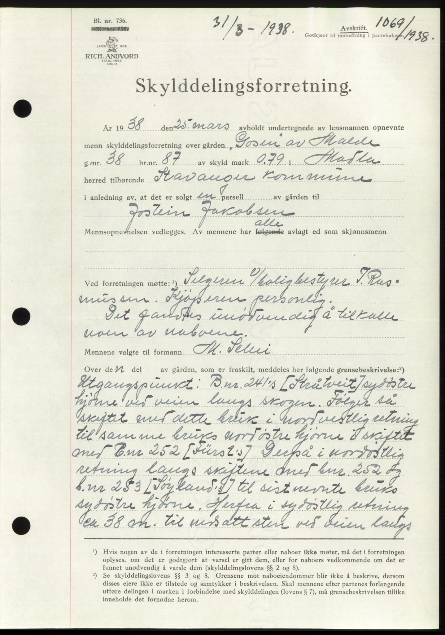 Jæren sorenskriveri, SAST/A-100310/03/G/Gba/L0070: Mortgage book, 1938-1938, Diary no: : 1069/1938