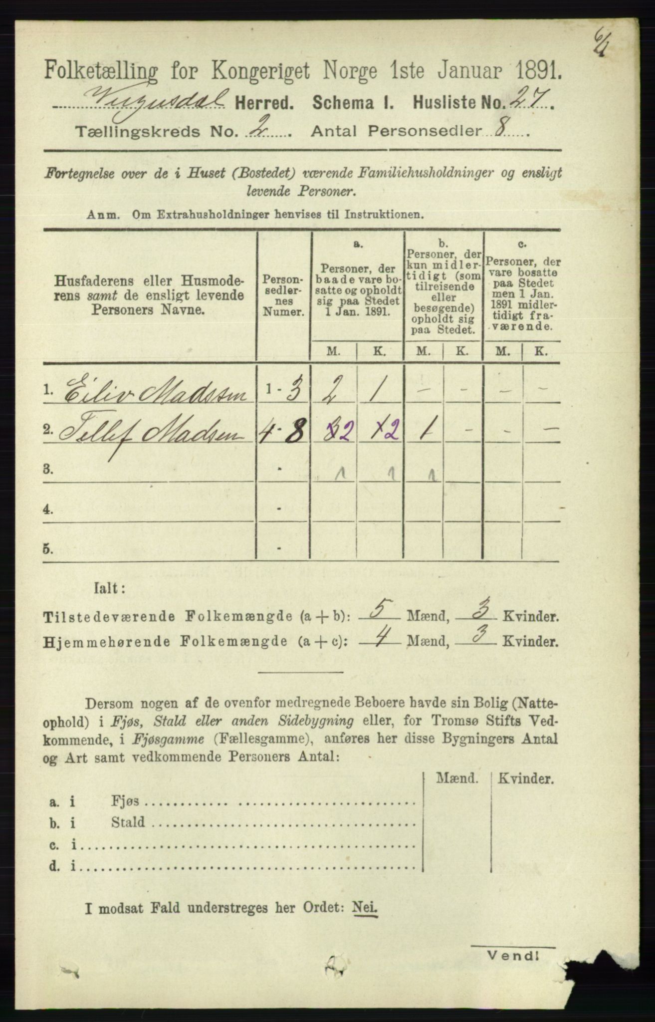 RA, 1891 census for 0934 Vegusdal, 1891, p. 316