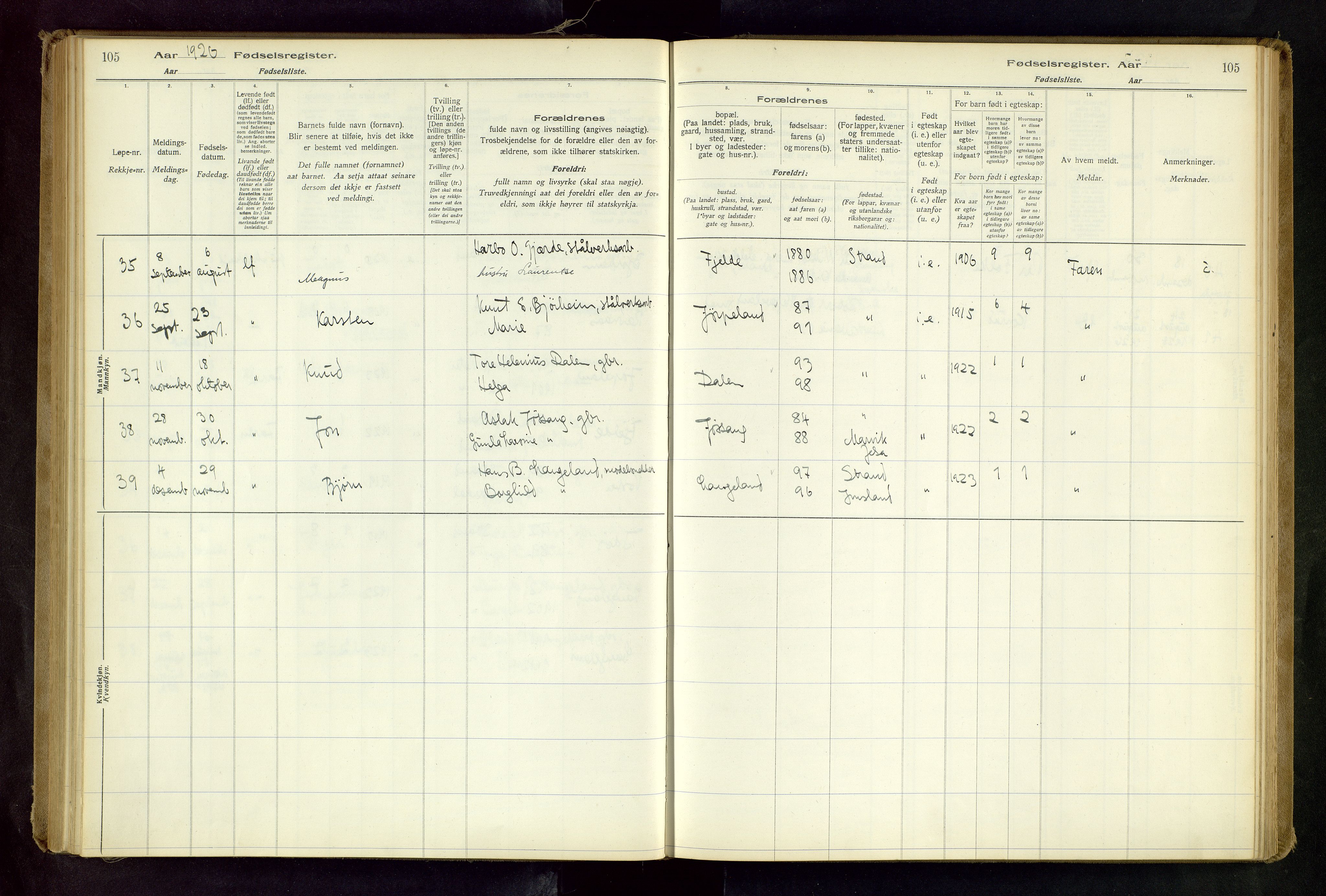 Strand sokneprestkontor, AV/SAST-A-101828/I/Id/L0001: Birth register no. 1, 1916-1938, p. 105