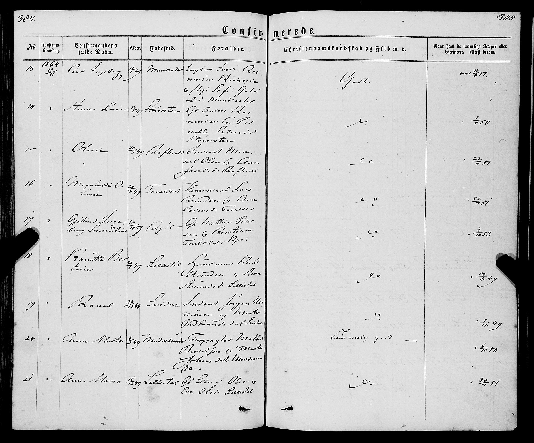 Eid sokneprestembete, AV/SAB-A-82301/H/Haa/Haaa/L0009: Parish register (official) no. A 9, 1861-1868, p. 384-385