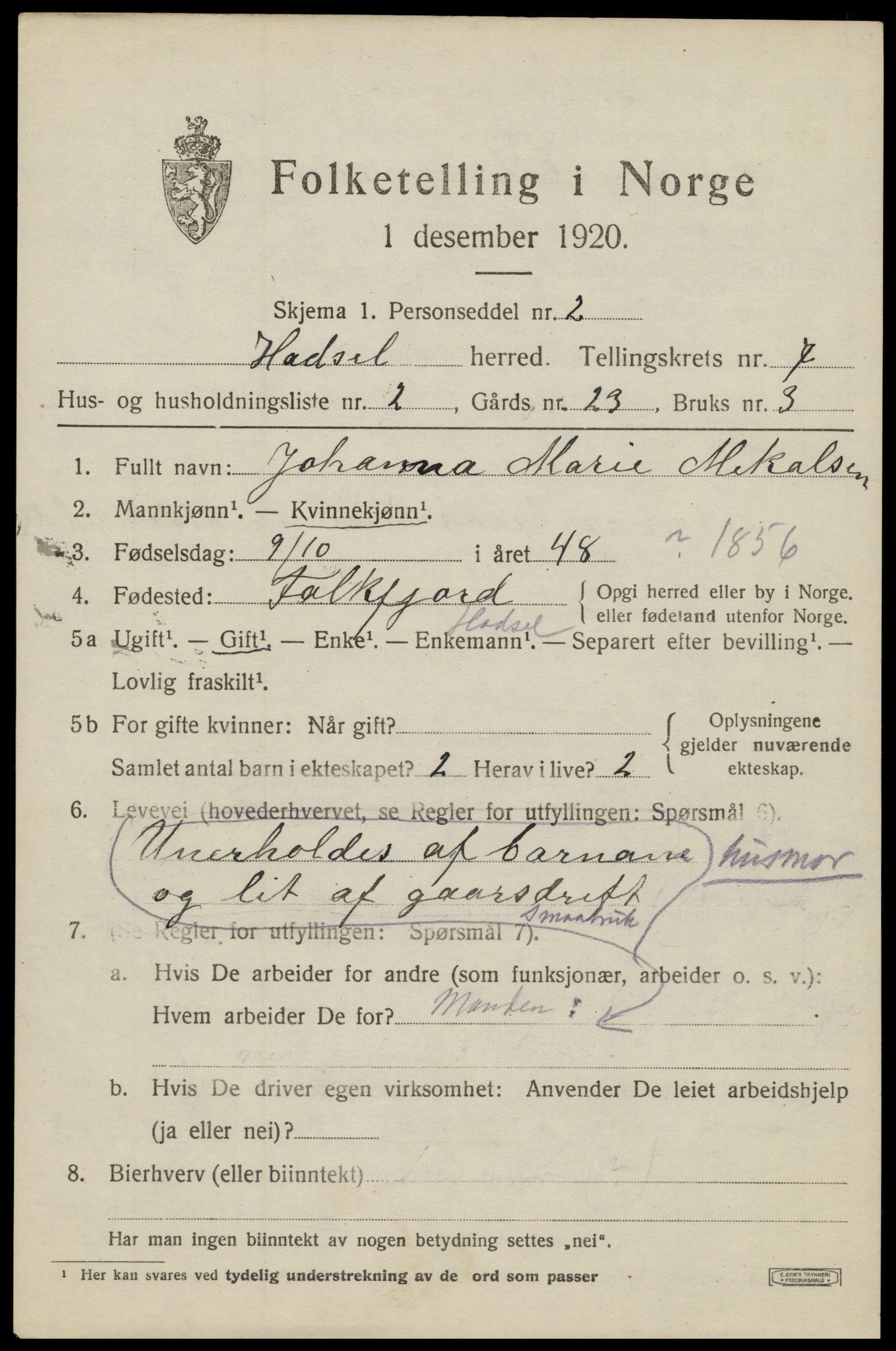 SAT, 1920 census for Hadsel, 1920, p. 6894