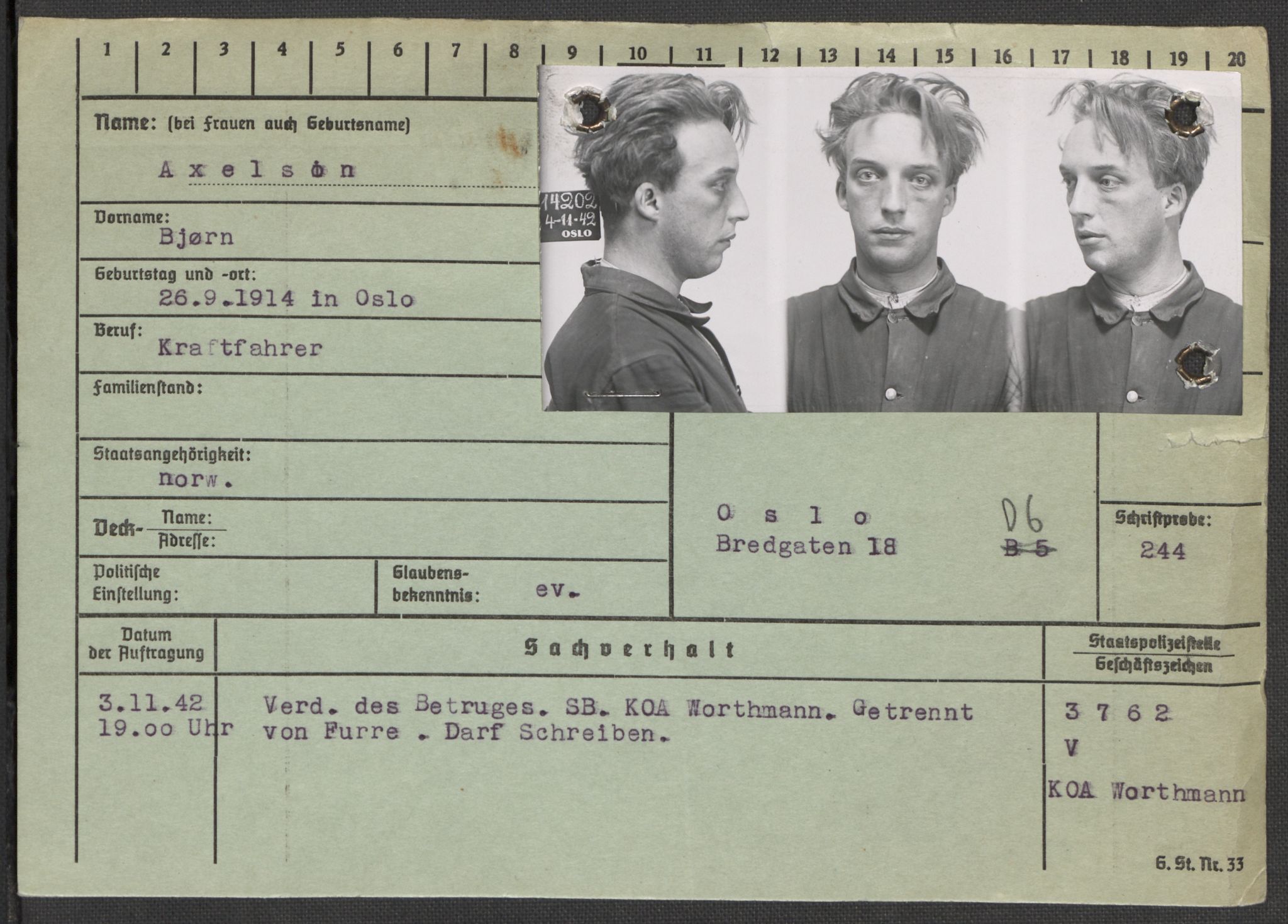 Befehlshaber der Sicherheitspolizei und des SD, RA/RAFA-5969/E/Ea/Eaa/L0001: Register over norske fanger i Møllergata 19: A-Bj, 1940-1945, p. 721