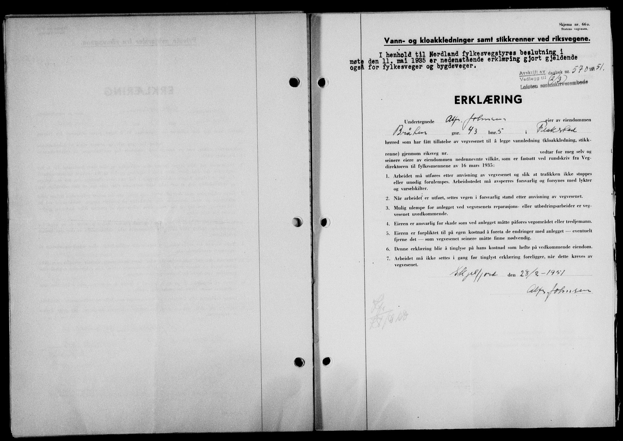 Lofoten sorenskriveri, SAT/A-0017/1/2/2C/L0025a: Mortgage book no. 25a, 1950-1951, Diary no: : 570/1951