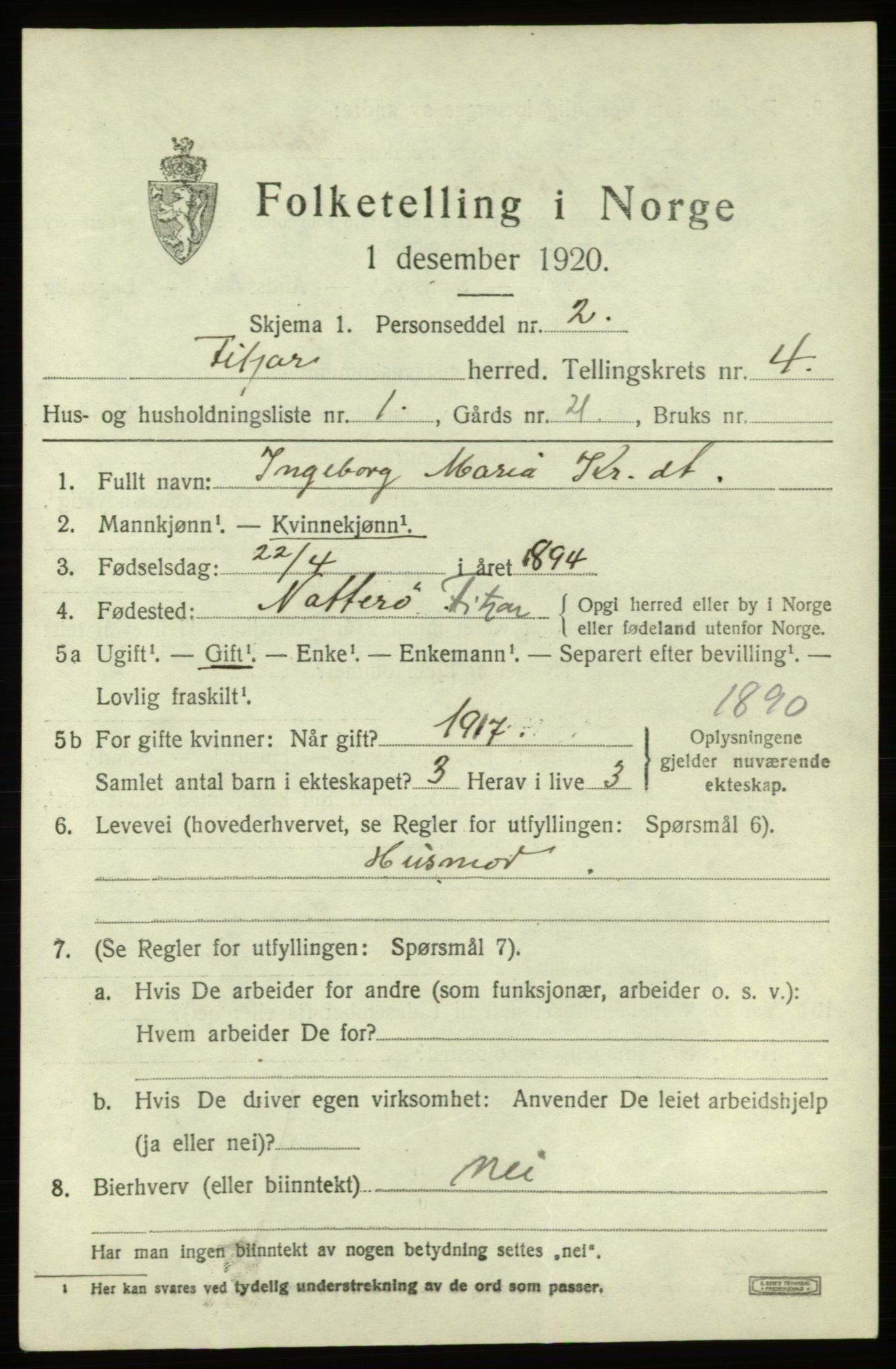 SAB, 1920 census for Fitjar, 1920, p. 2192