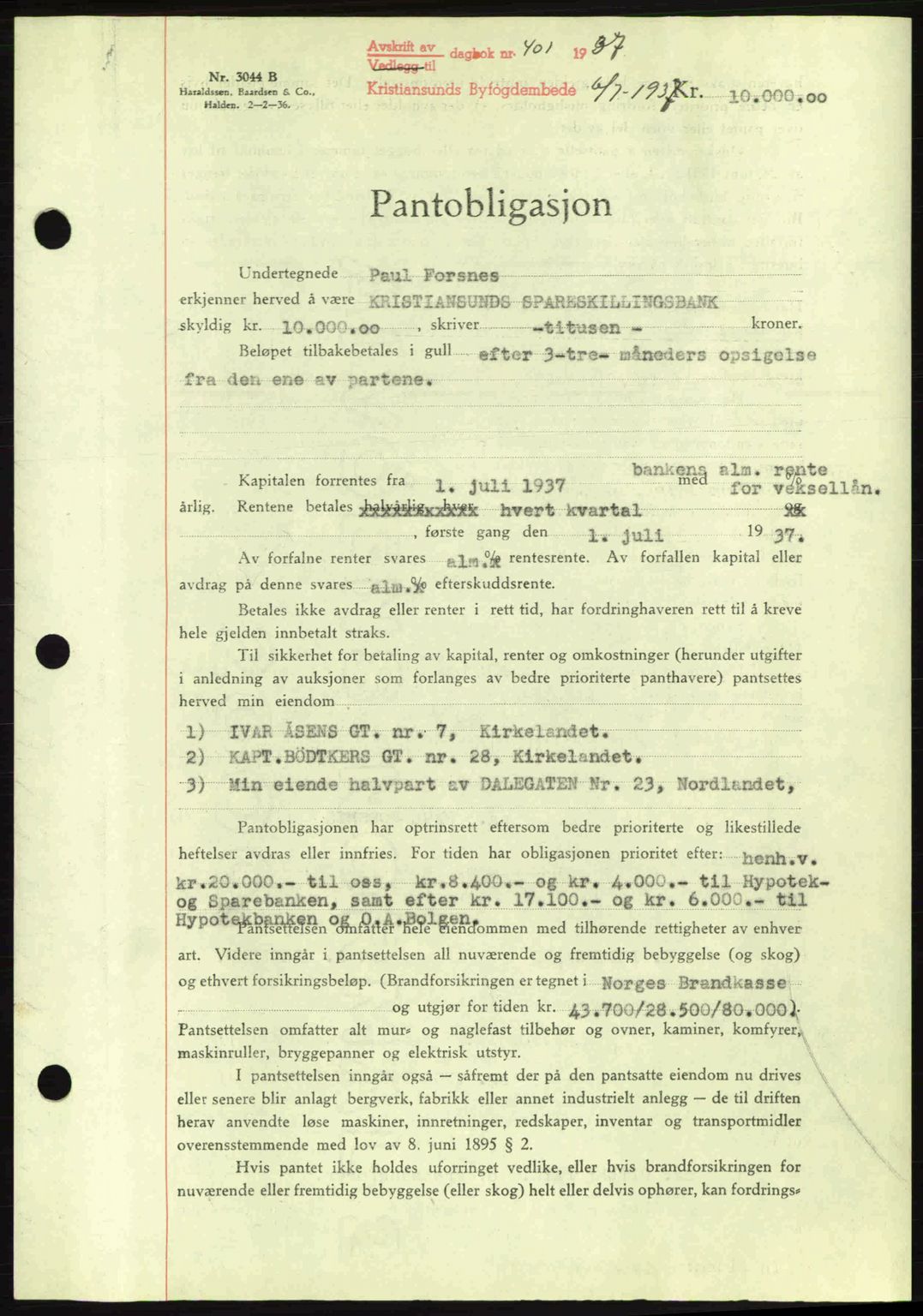 Kristiansund byfogd, AV/SAT-A-4587/A/27: Mortgage book no. 29, 1936-1937, Diary no: : 401/1937