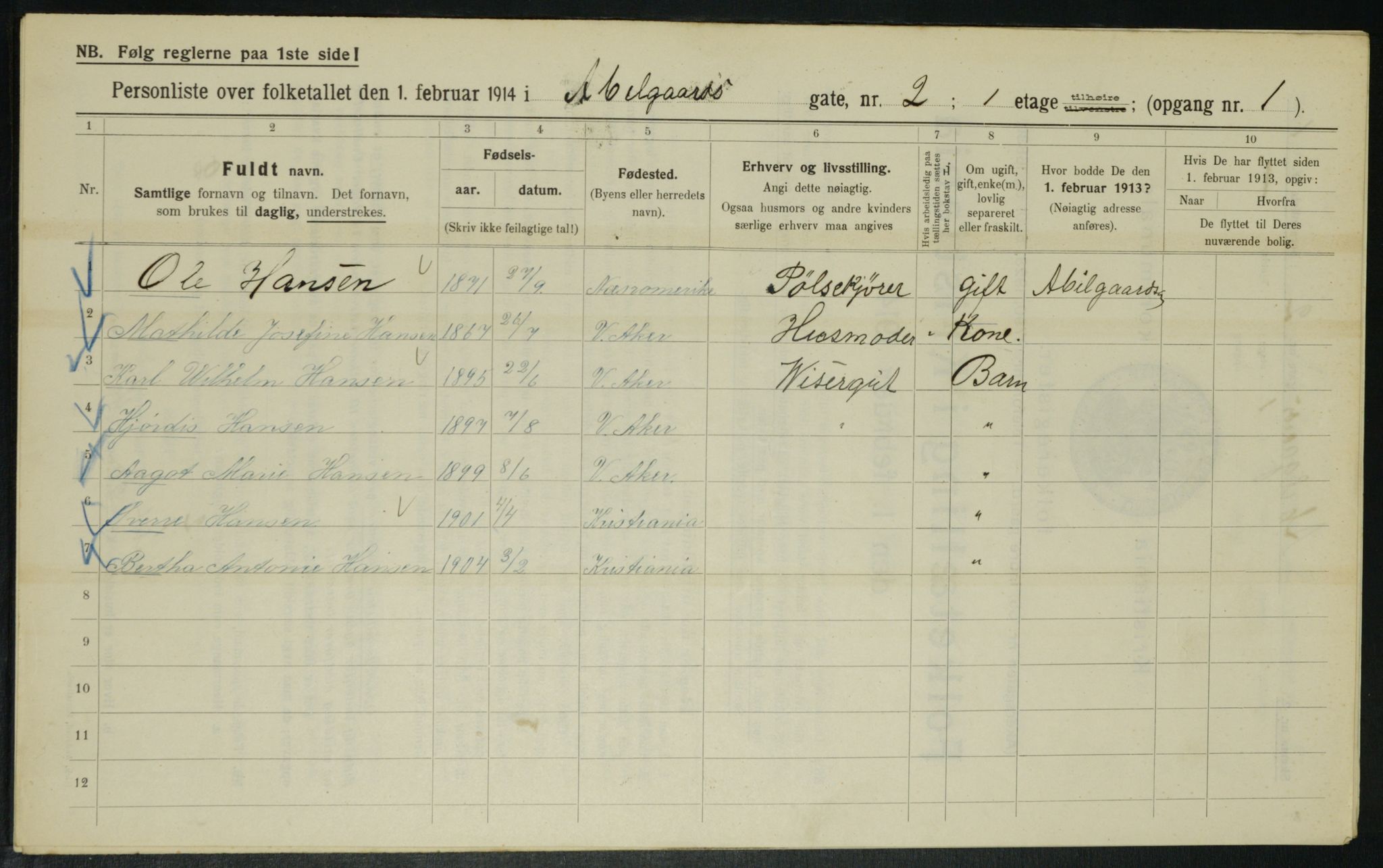 OBA, Municipal Census 1914 for Kristiania, 1914, p. 10