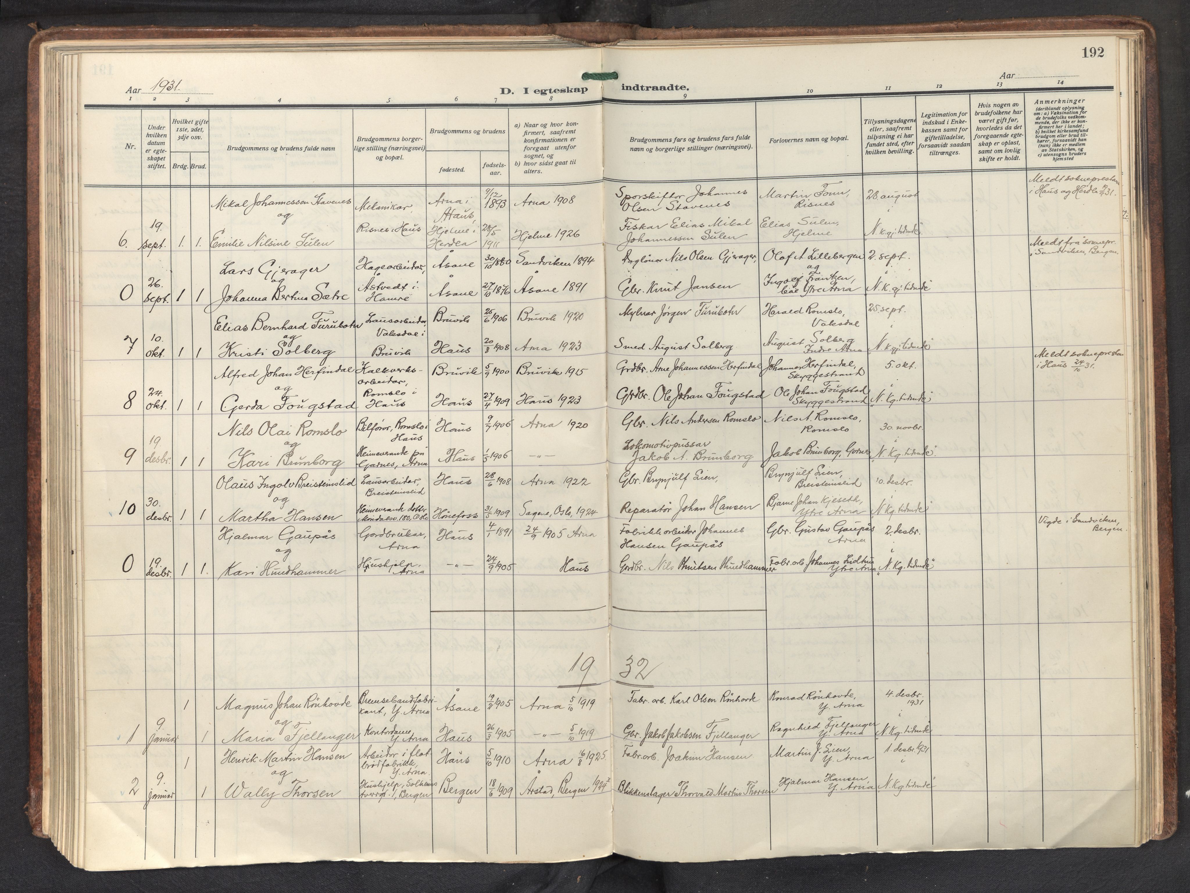 Haus sokneprestembete, AV/SAB-A-75601/H/Haa: Parish register (official) no. D 4, 1925-1939, p. 192