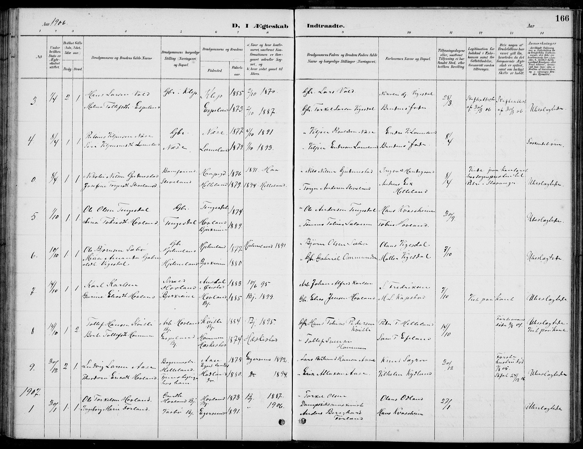Helleland sokneprestkontor, SAST/A-101810: Parish register (copy) no. B 4, 1887-1941, p. 166