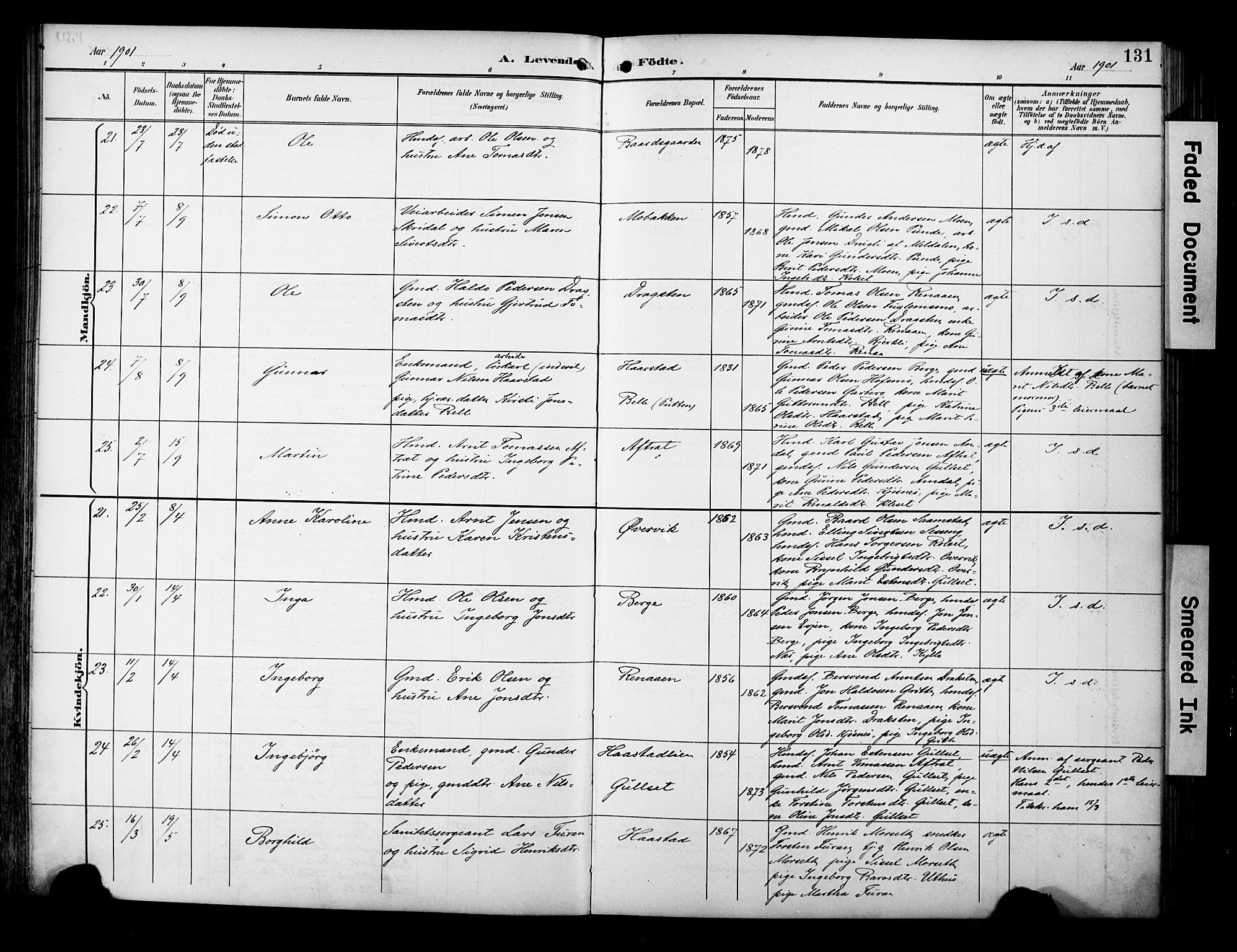 Ministerialprotokoller, klokkerbøker og fødselsregistre - Sør-Trøndelag, AV/SAT-A-1456/695/L1149: Parish register (official) no. 695A09, 1891-1902, p. 131