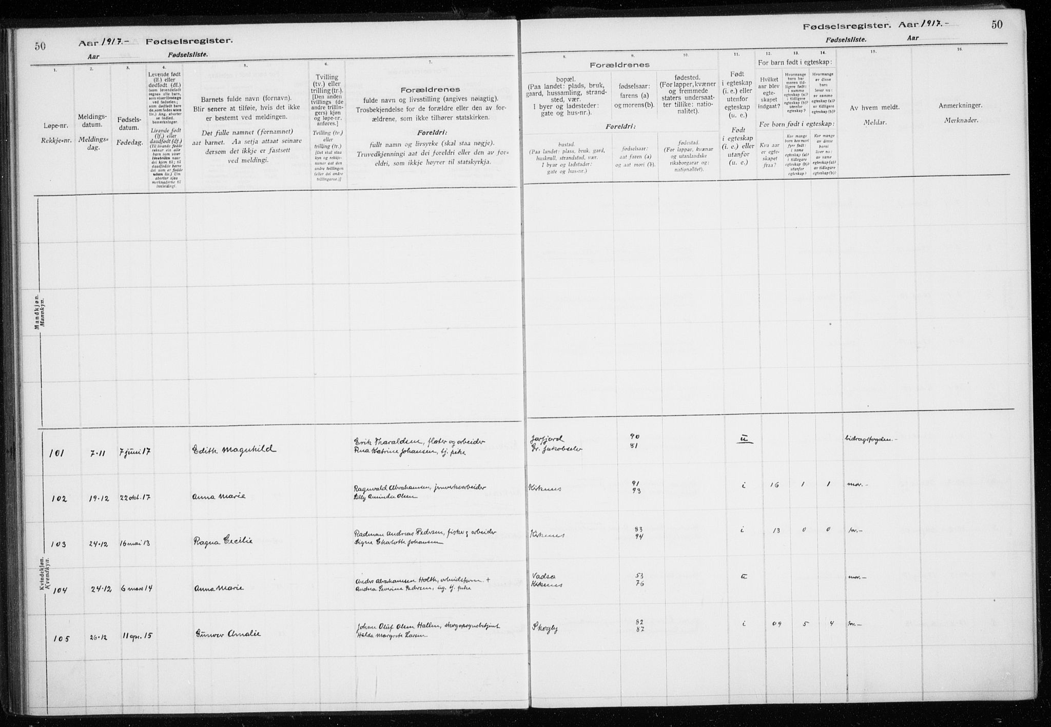 Sør-Varanger sokneprestkontor, AV/SATØ-S-1331/I/Ia/L0016: Birth register no. 16, 1915-1925, p. 50