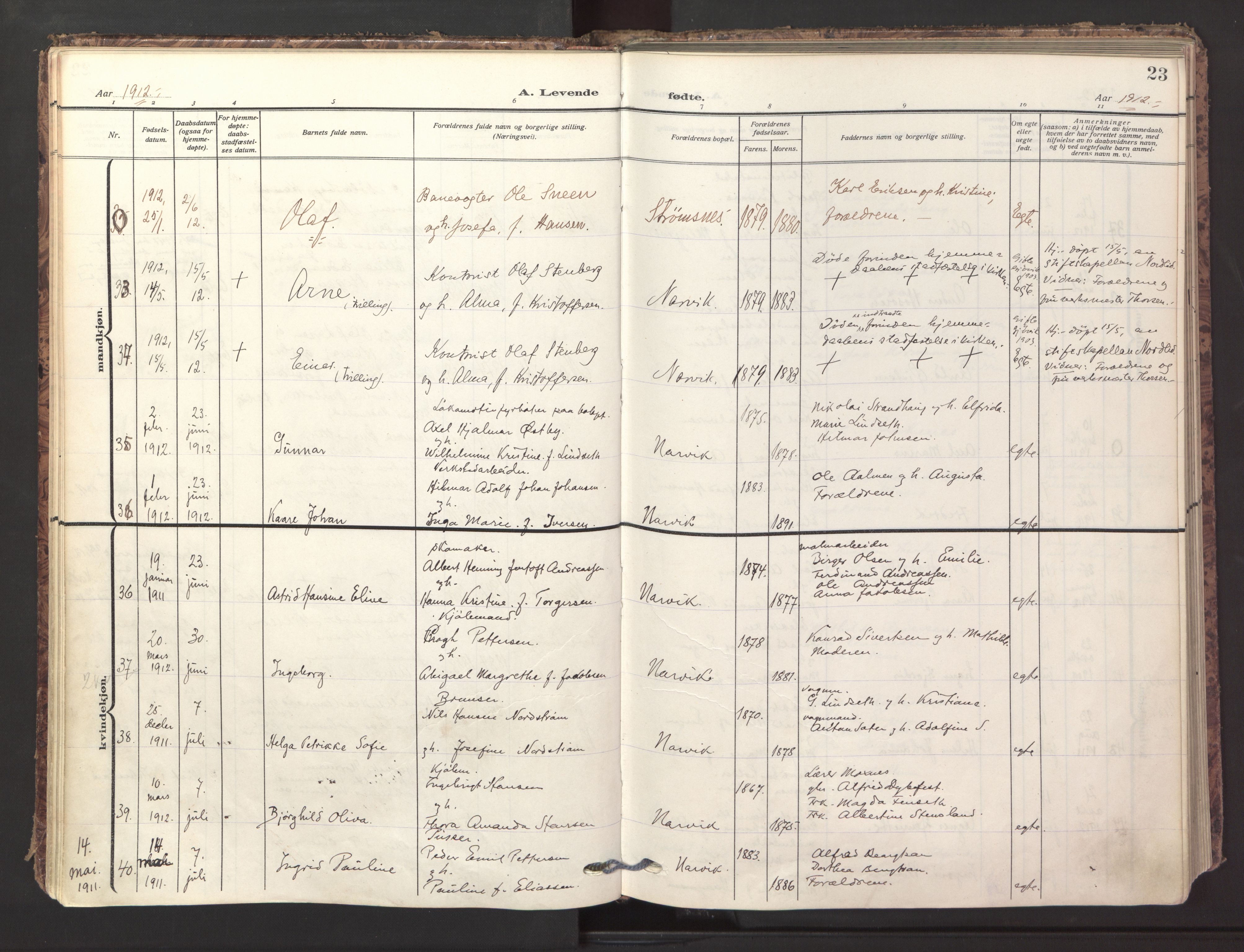 Ministerialprotokoller, klokkerbøker og fødselsregistre - Nordland, AV/SAT-A-1459/871/L1001: Parish register (official) no. 871A17, 1911-1921, p. 23