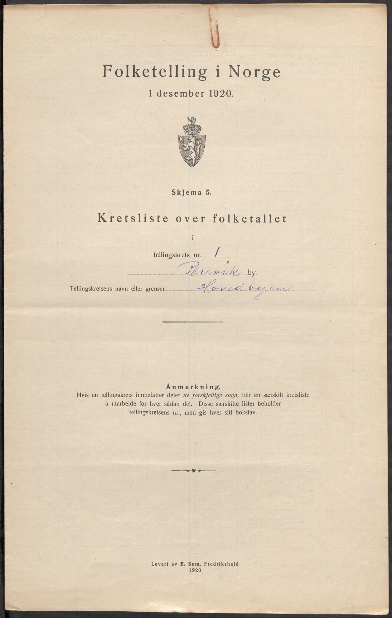 SAKO, 1920 census for Brevik, 1920, p. 3