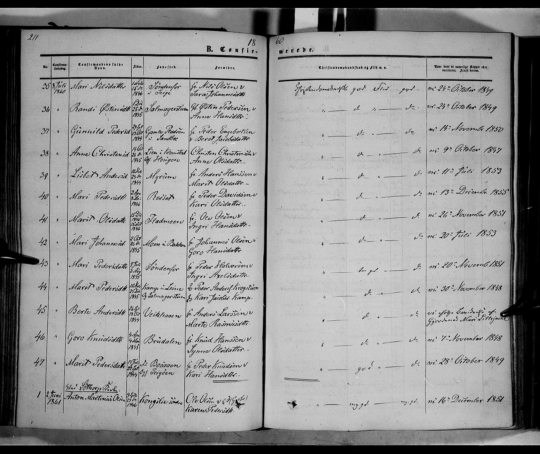 Nord-Fron prestekontor, SAH/PREST-080/H/Ha/Haa/L0001: Parish register (official) no. 1, 1851-1864, p. 211