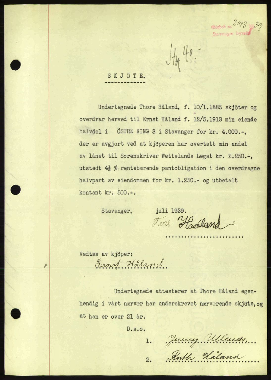 Stavanger byrett, SAST/A-100455/002/G/Gb/L0014: Mortgage book no. A4, 1938-1939, Diary no: : 2193/1939