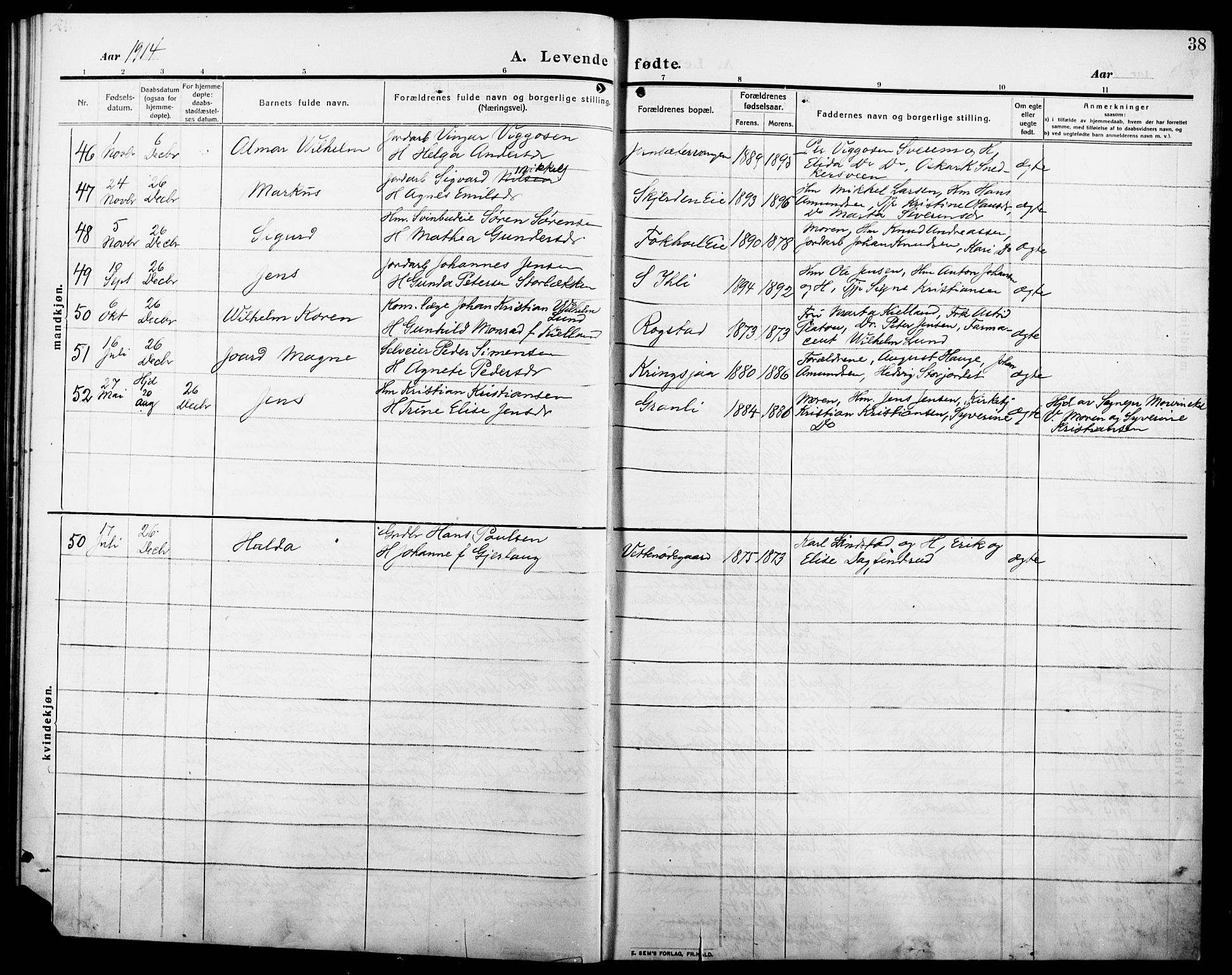 Stange prestekontor, AV/SAH-PREST-002/L/L0014: Parish register (copy) no. 14, 1909-1917, p. 38