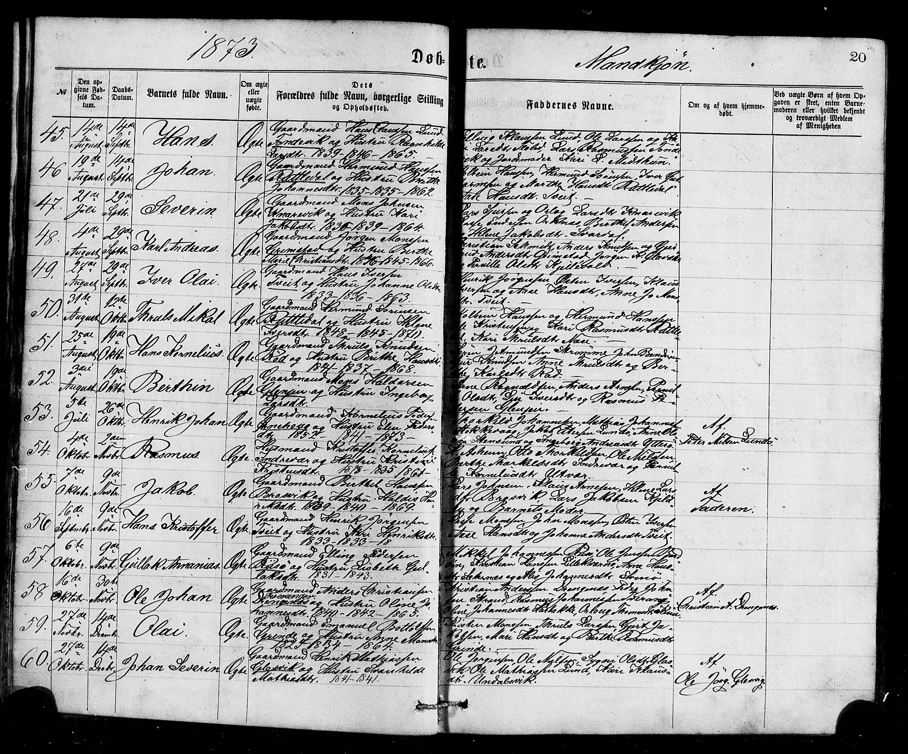 Gulen sokneprestembete, SAB/A-80201/H/Haa/Haaa/L0023: Parish register (official) no. A 23, 1870-1880, p. 20