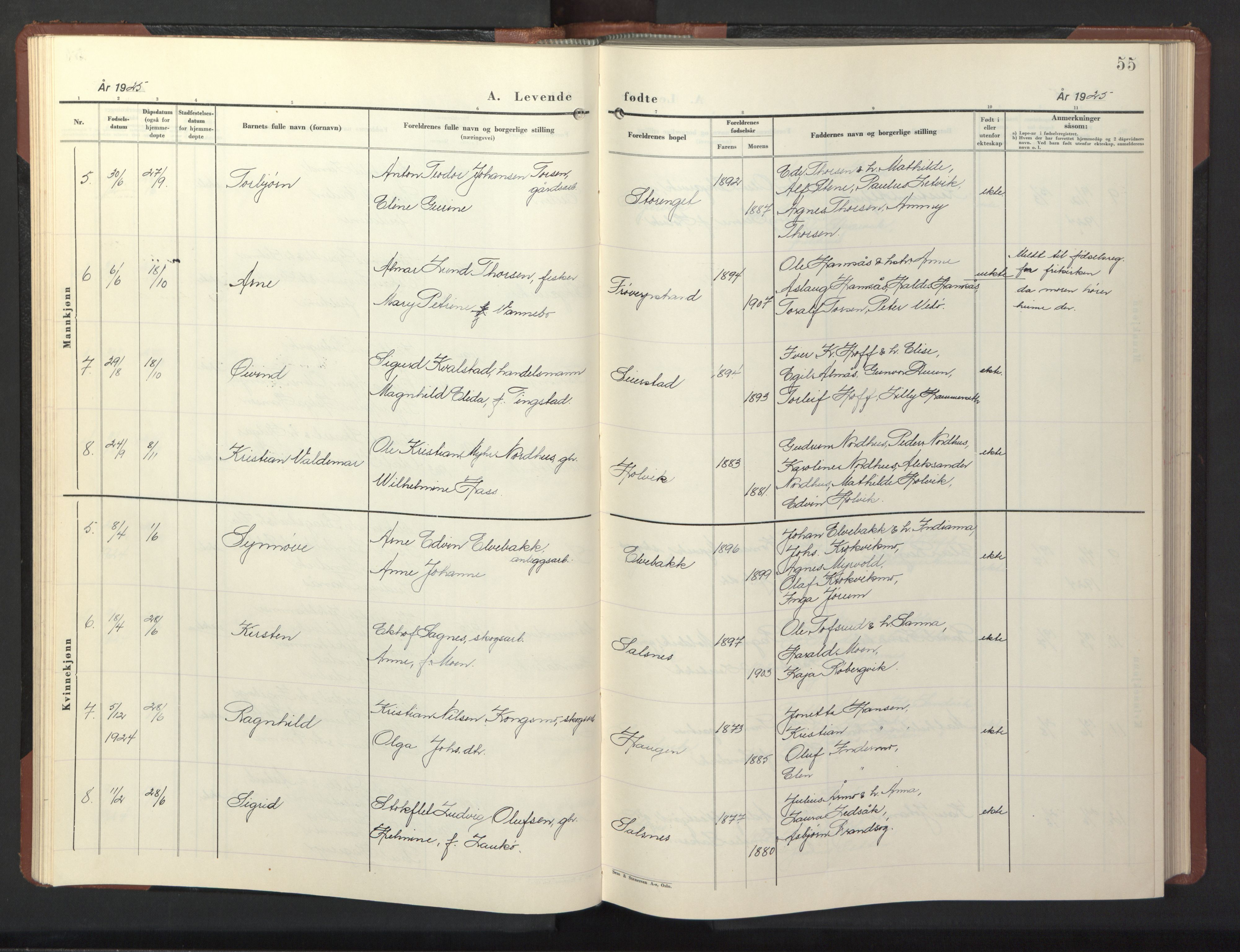 Ministerialprotokoller, klokkerbøker og fødselsregistre - Nord-Trøndelag, SAT/A-1458/773/L0625: Parish register (copy) no. 773C01, 1910-1952, p. 55