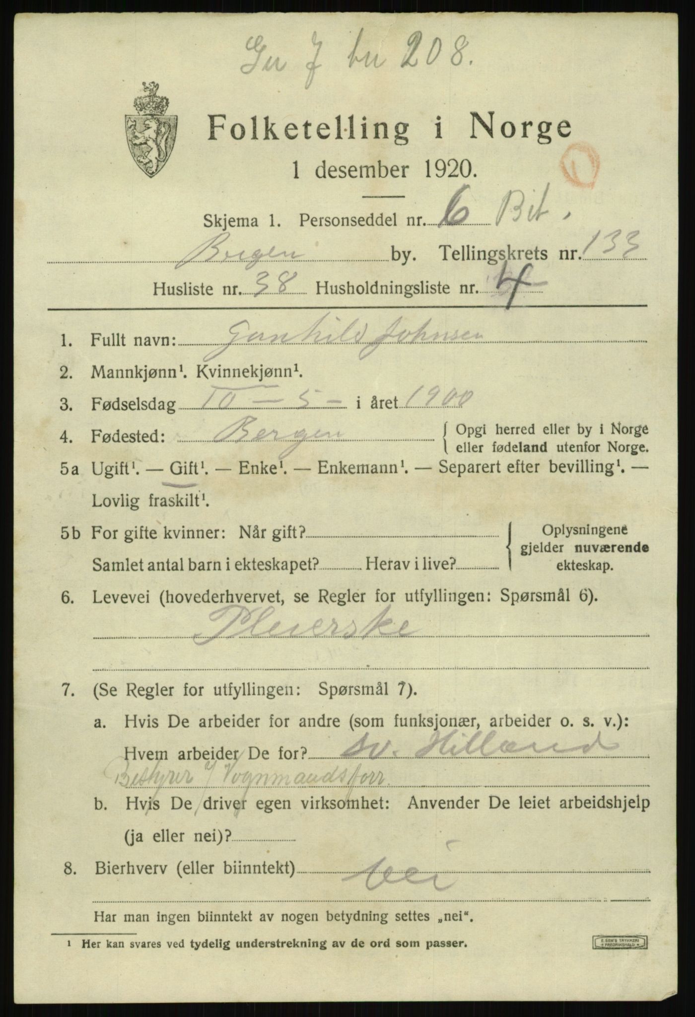 SAB, 1920 census for Bergen, 1920, p. 224729