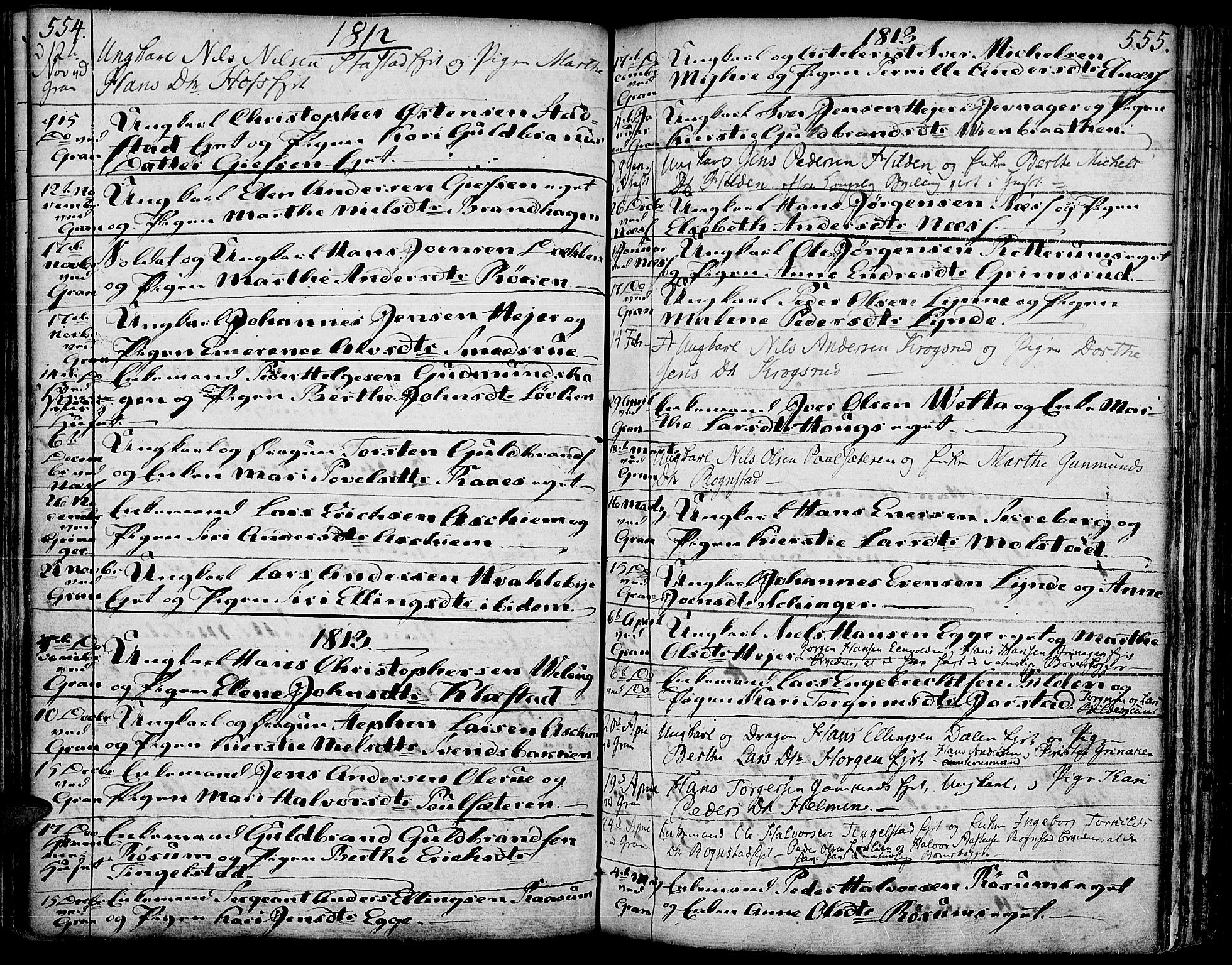 Gran prestekontor, AV/SAH-PREST-112/H/Ha/Haa/L0006: Parish register (official) no. 6, 1787-1824, p. 554-555