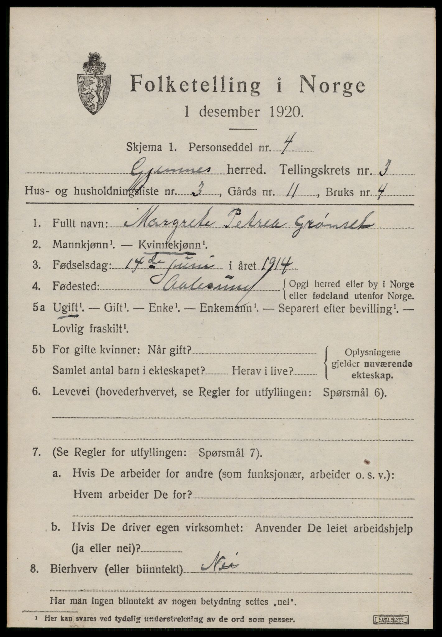 SAT, 1920 census for Gjemnes, 1920, p. 1226