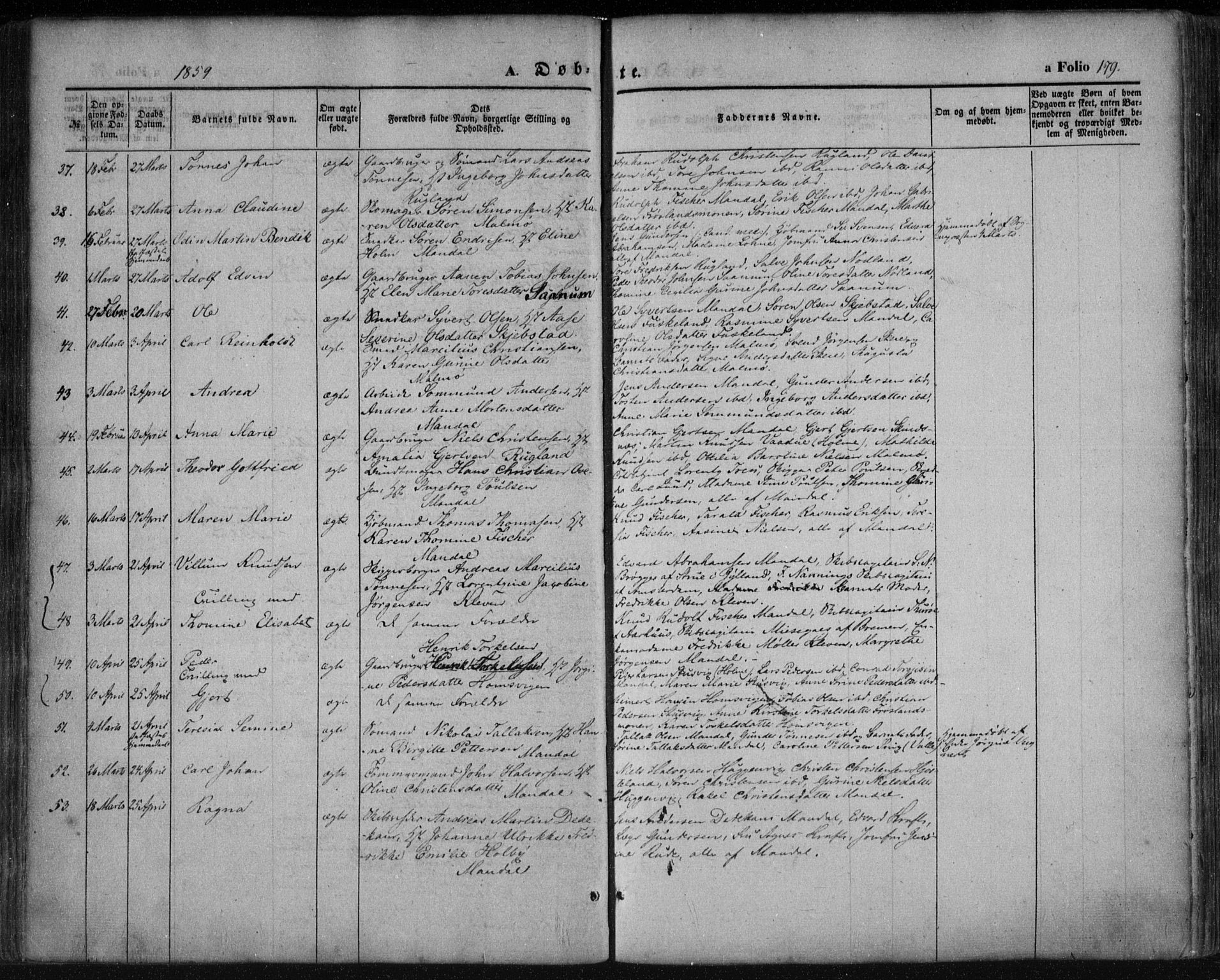 Mandal sokneprestkontor, AV/SAK-1111-0030/F/Fa/Faa/L0013: Parish register (official) no. A 13, 1847-1859, p. 179