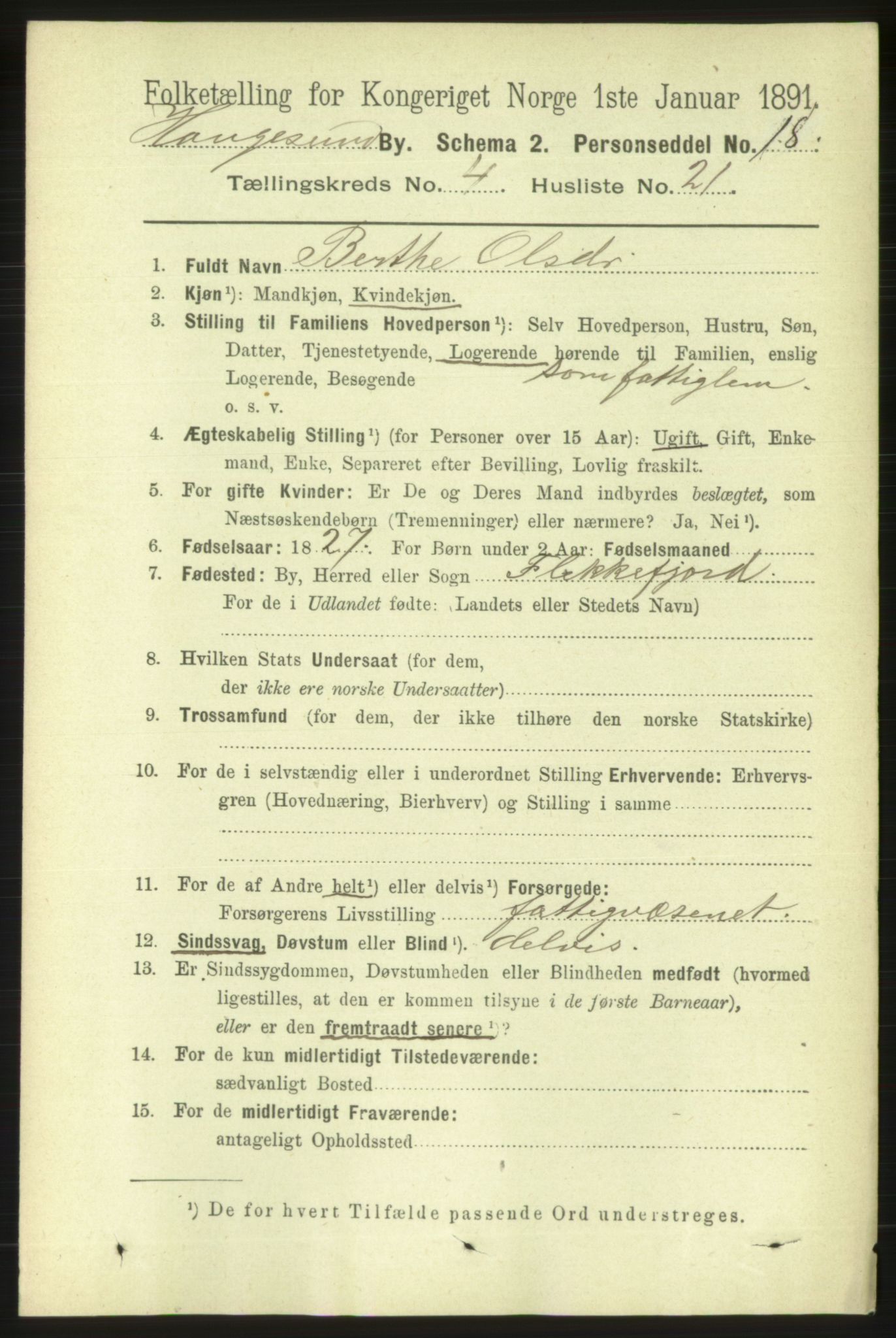 RA, 1891 census for 1106 Haugesund, 1891, p. 1420