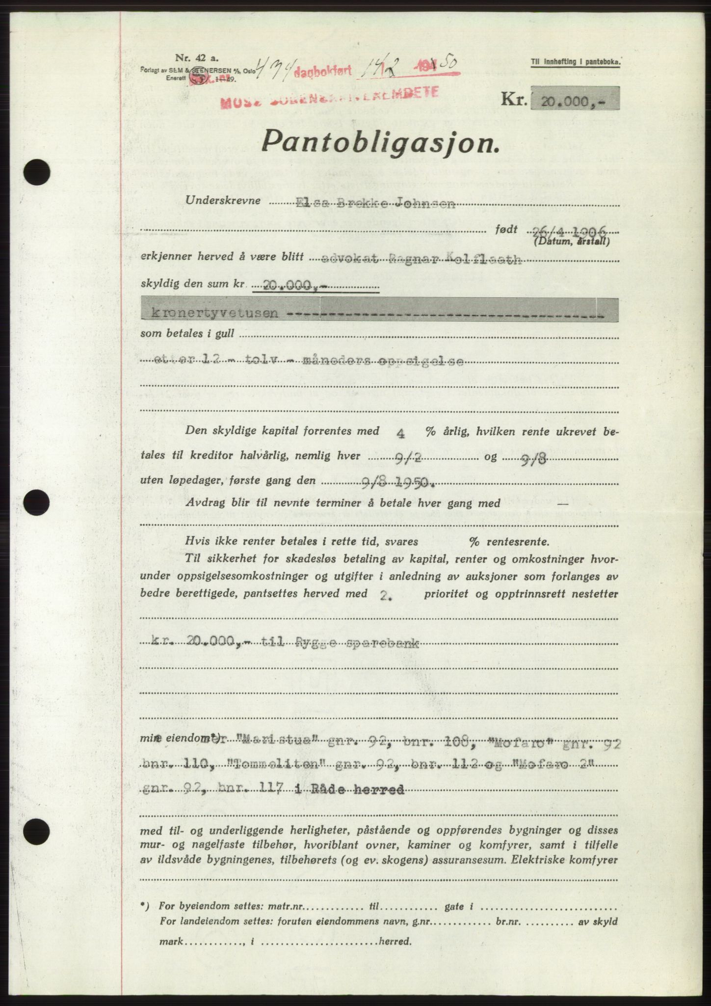 Moss sorenskriveri, SAO/A-10168: Mortgage book no. B23, 1949-1950, Diary no: : 474/1950