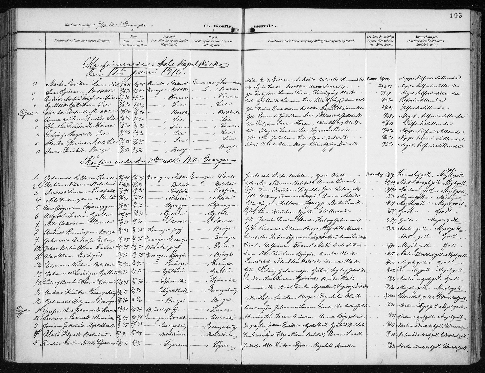 Evanger sokneprestembete, SAB/A-99924: Parish register (official) no. A  3, 1900-1930, p. 195