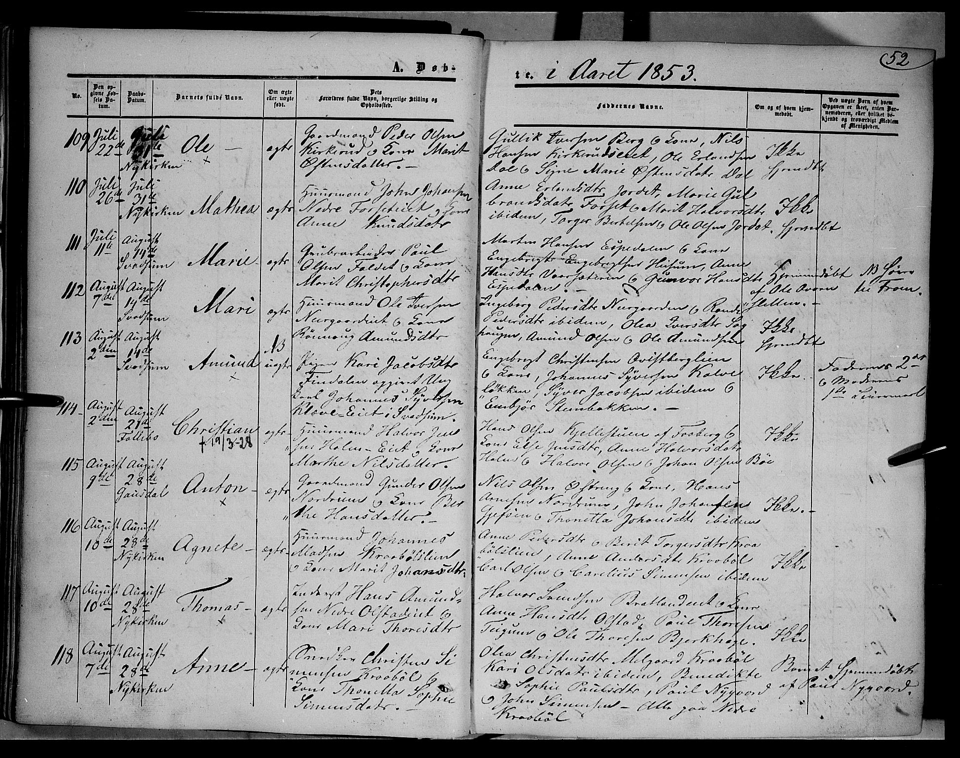 Gausdal prestekontor, SAH/PREST-090/H/Ha/Haa/L0008: Parish register (official) no. 8, 1850-1861, p. 52